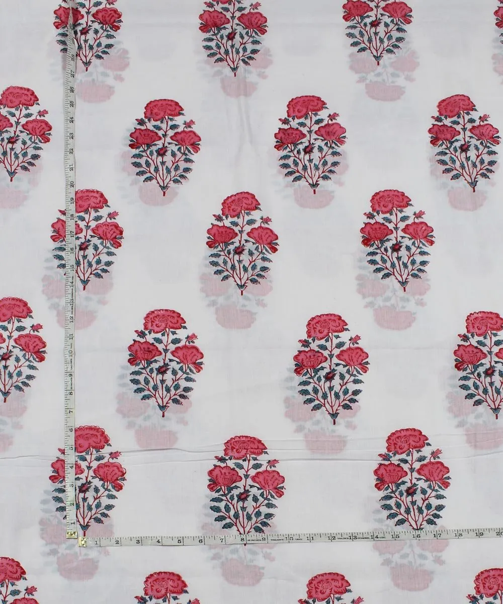 0.48m Pink floral block print white cotton fabric