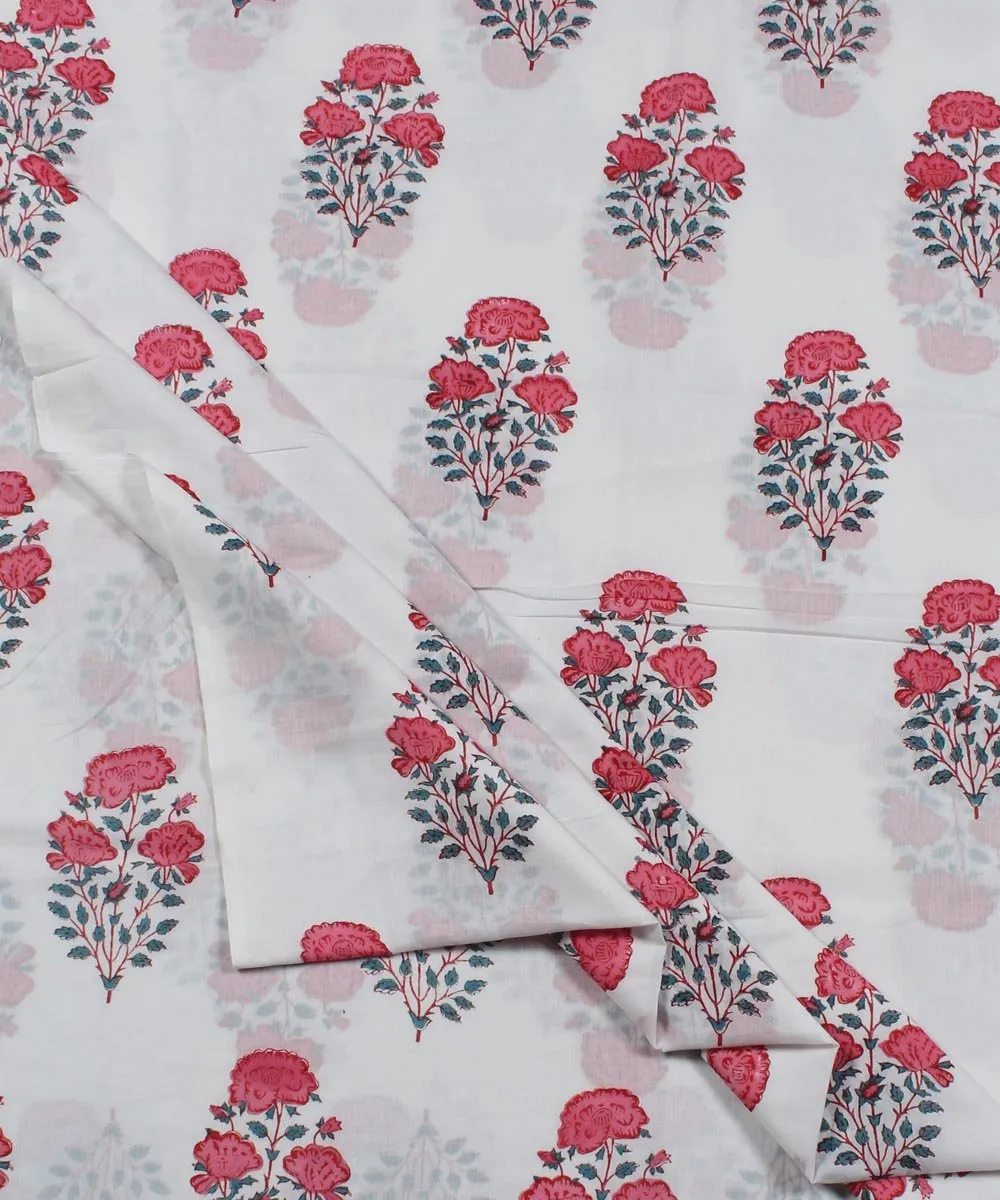 0.48m Pink floral block print white cotton fabric