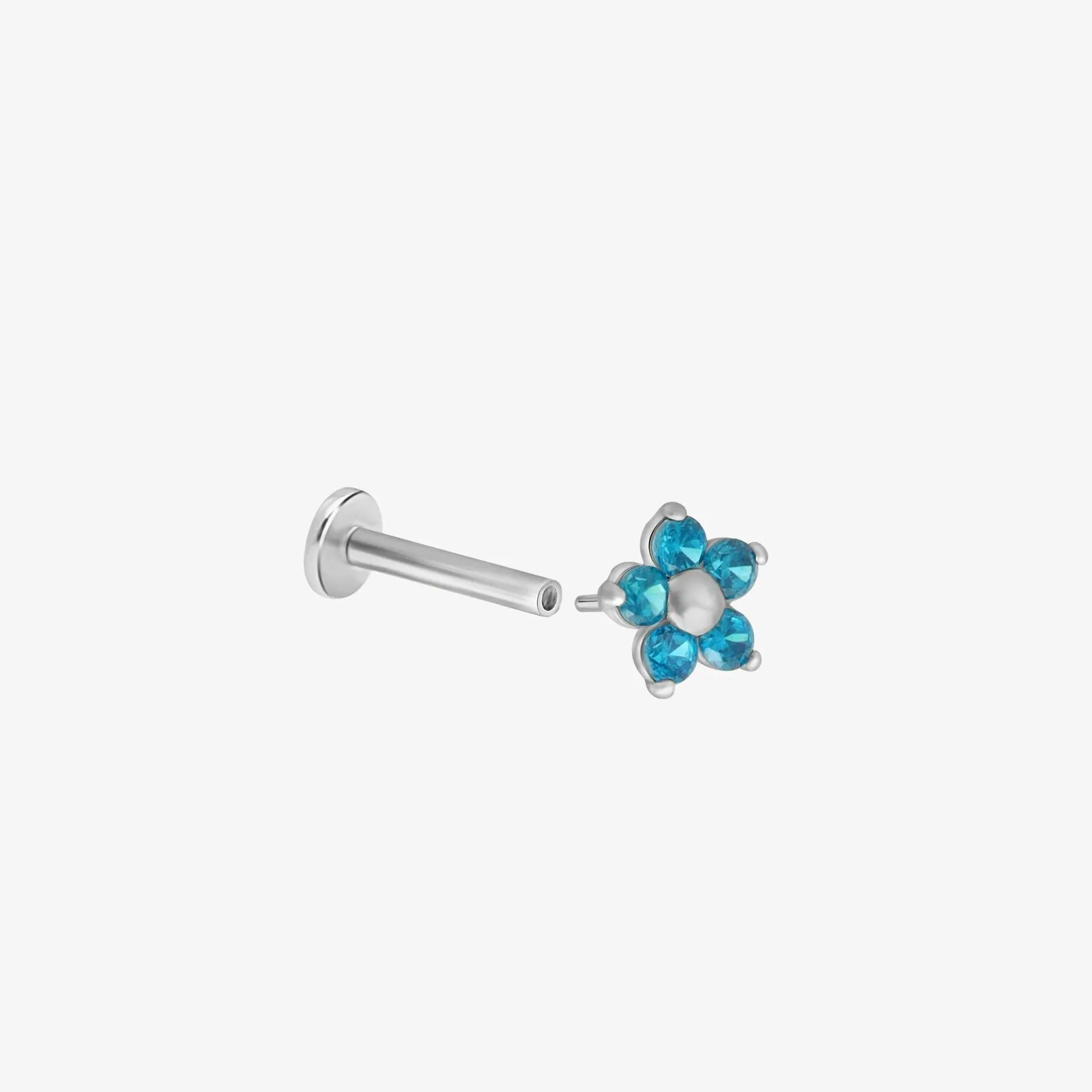 14k Gold Blue Topaz Flower Tragus Helix Internally Threaded Flower Flat Back Earring Labret Stud