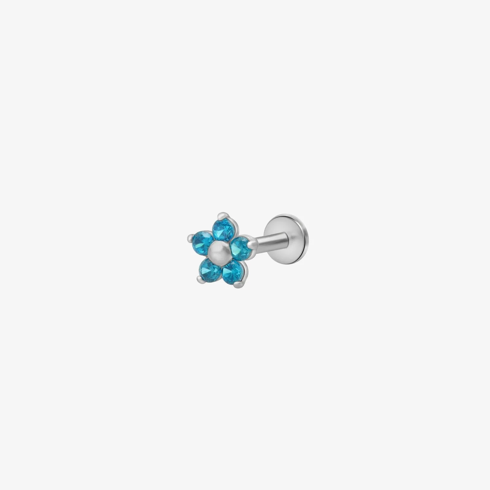 14k Gold Blue Topaz Flower Tragus Helix Internally Threaded Flower Flat Back Earring Labret Stud