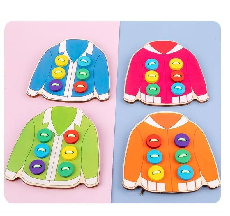 1set children's fun montessori learn basic life skills teaching aids clothes threading button sewing board game educational toys