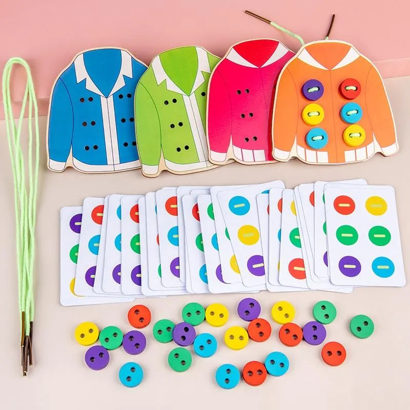 1set children's fun montessori learn basic life skills teaching aids clothes threading button sewing board game educational toys