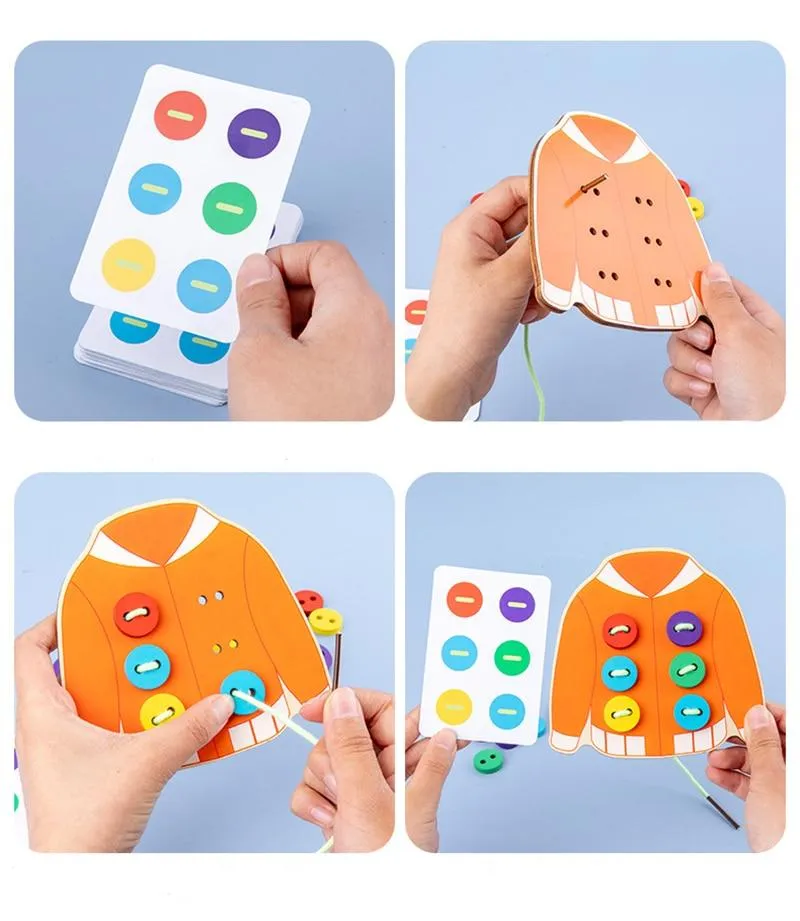 1set children's fun montessori learn basic life skills teaching aids clothes threading button sewing board game educational toys