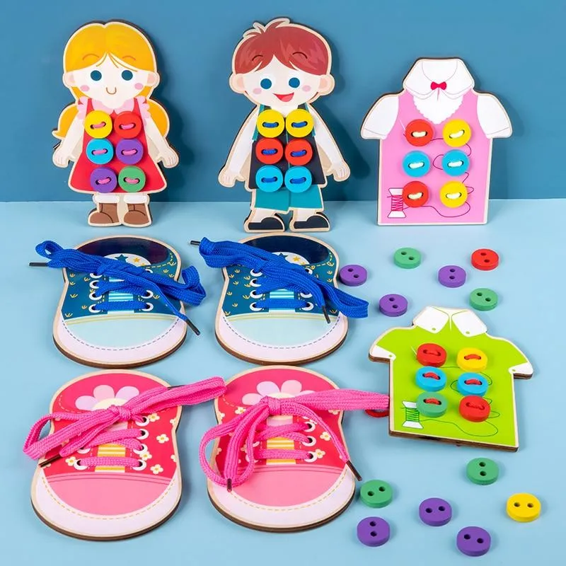 1set children's fun montessori learn basic life skills teaching aids clothes threading button sewing board game educational toys