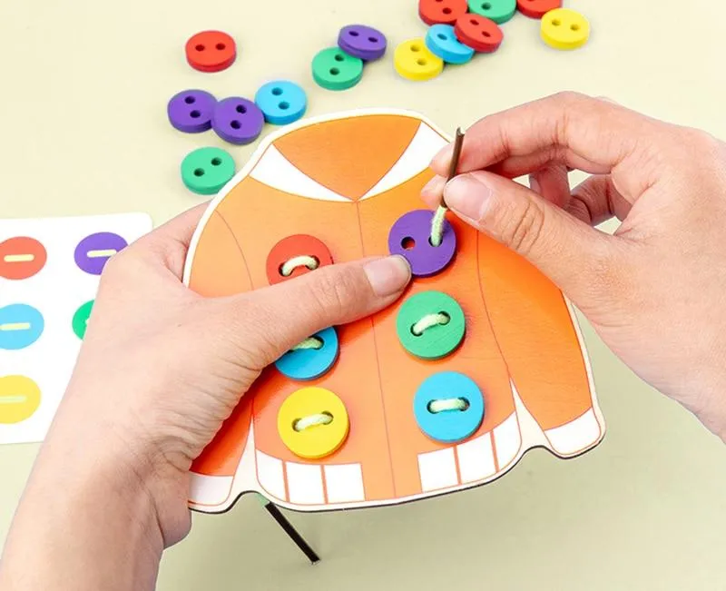 1set children's fun montessori learn basic life skills teaching aids clothes threading button sewing board game educational toys