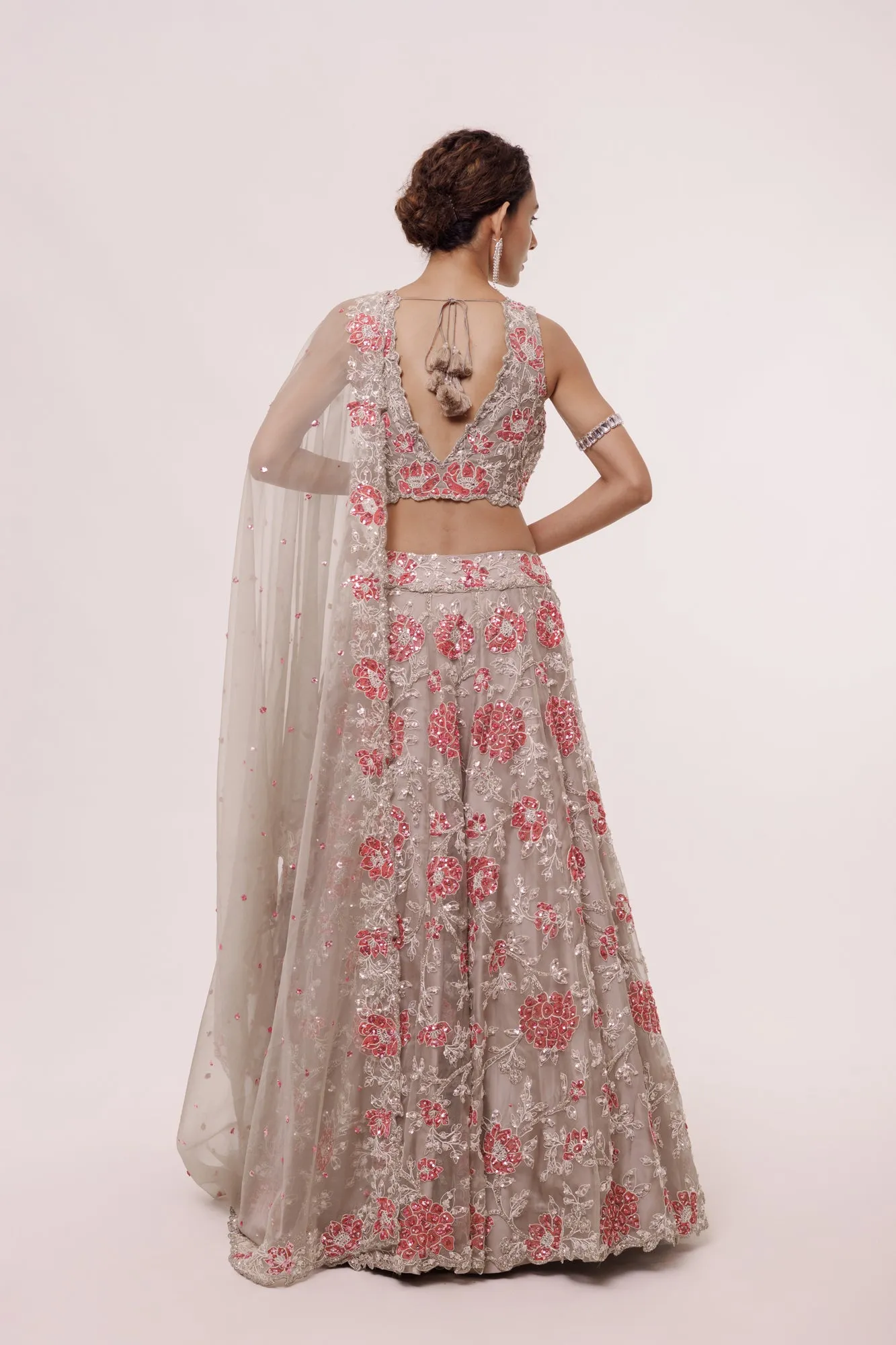 30Z336-RO Greige Embroidered Organza Lehenga with Dupatta