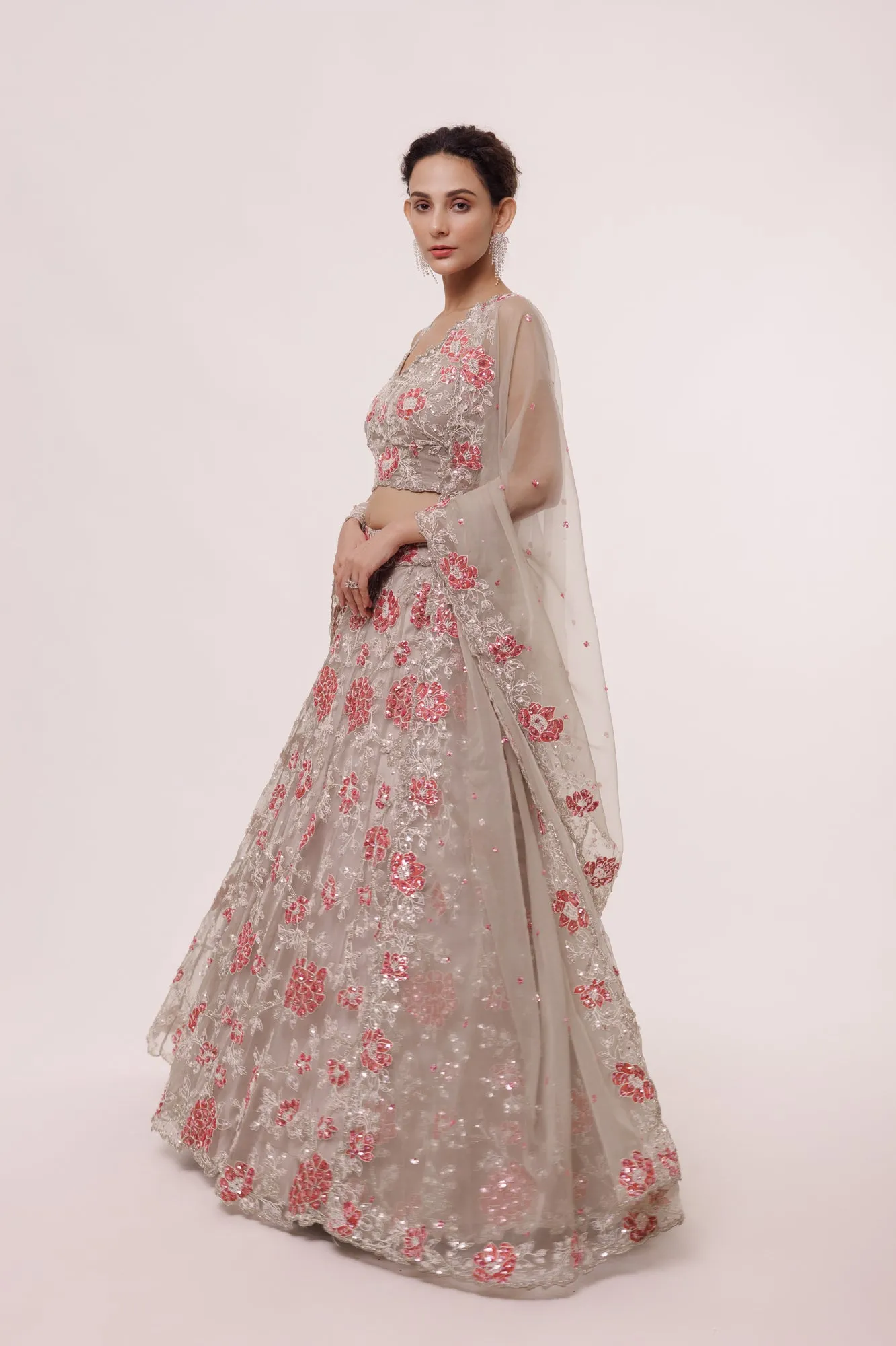 30Z336-RO Greige Embroidered Organza Lehenga with Dupatta