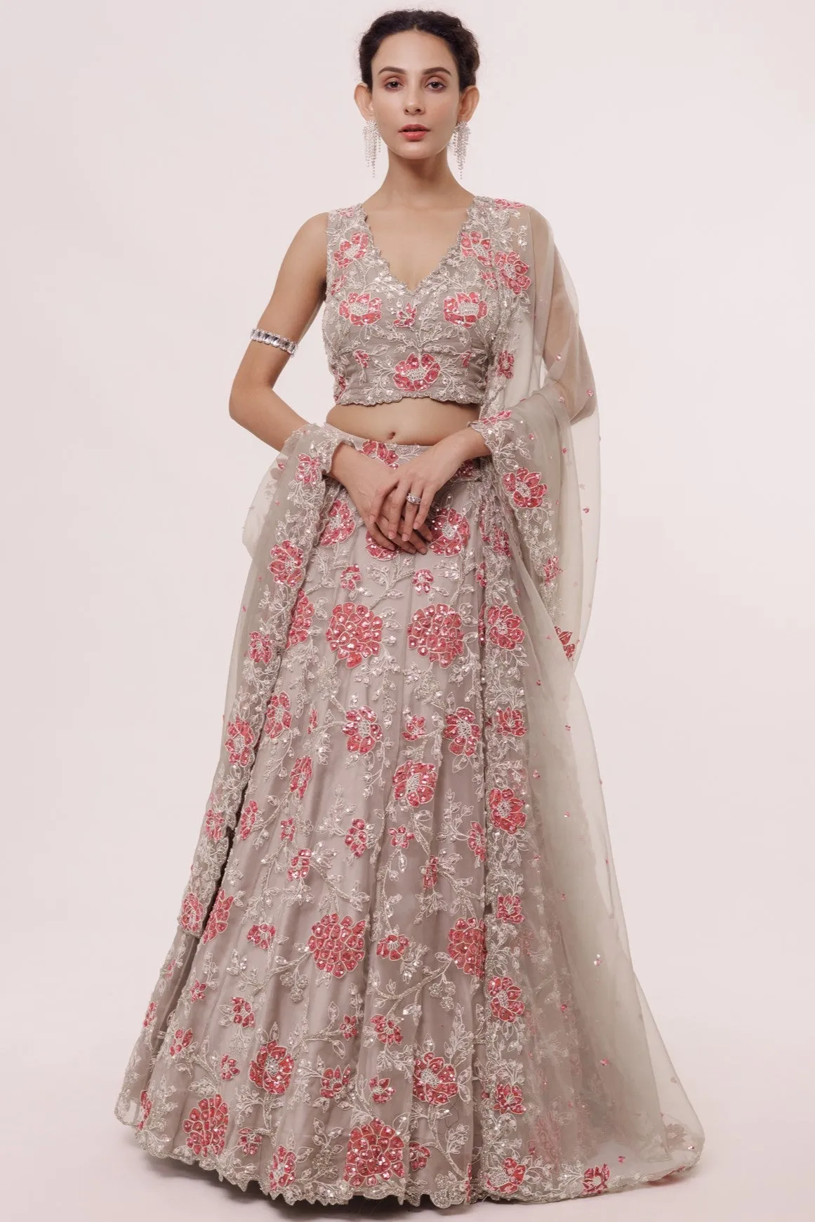 30Z336-RO Greige Embroidered Organza Lehenga with Dupatta