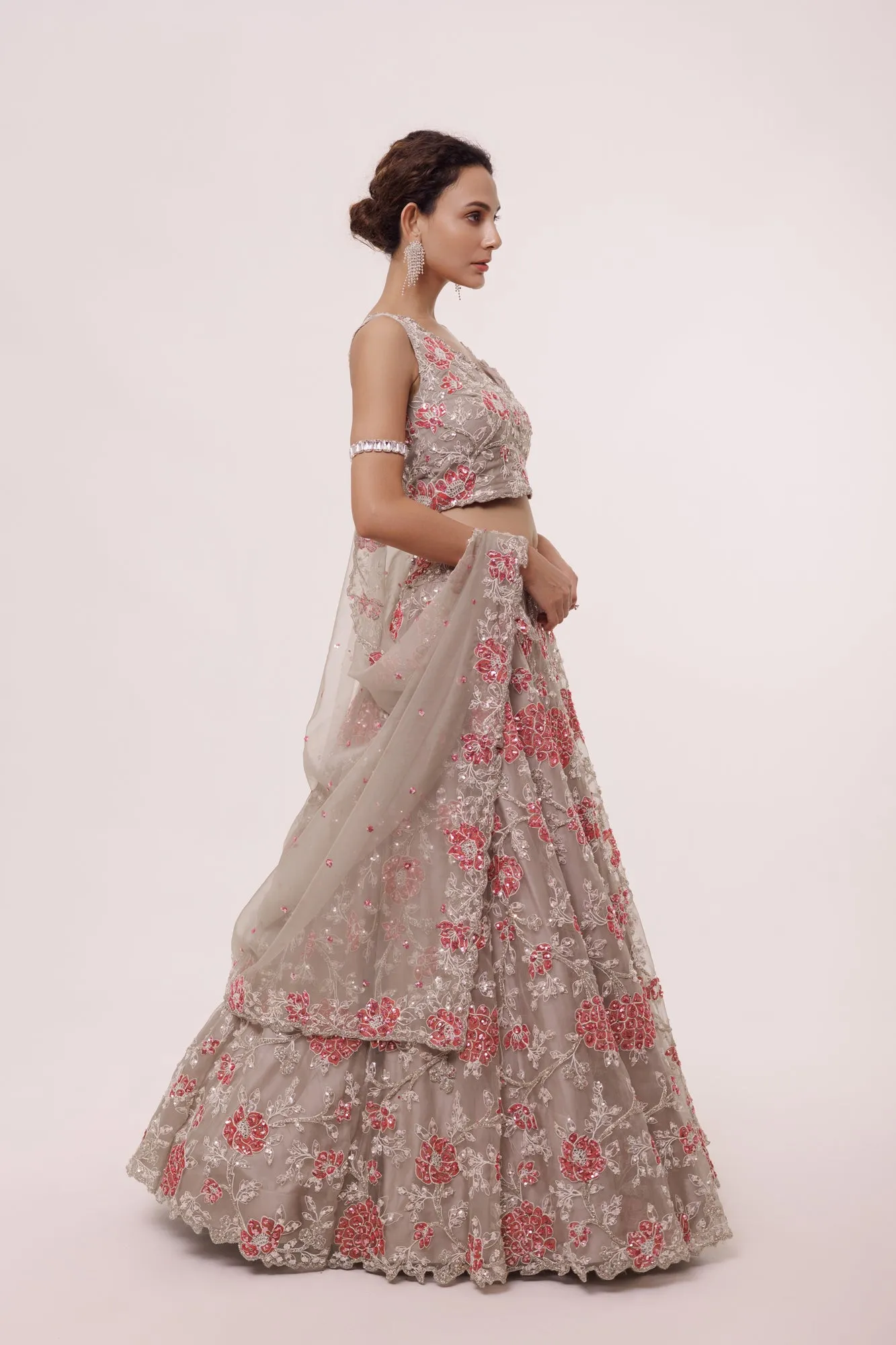 30Z336-RO Greige Embroidered Organza Lehenga with Dupatta