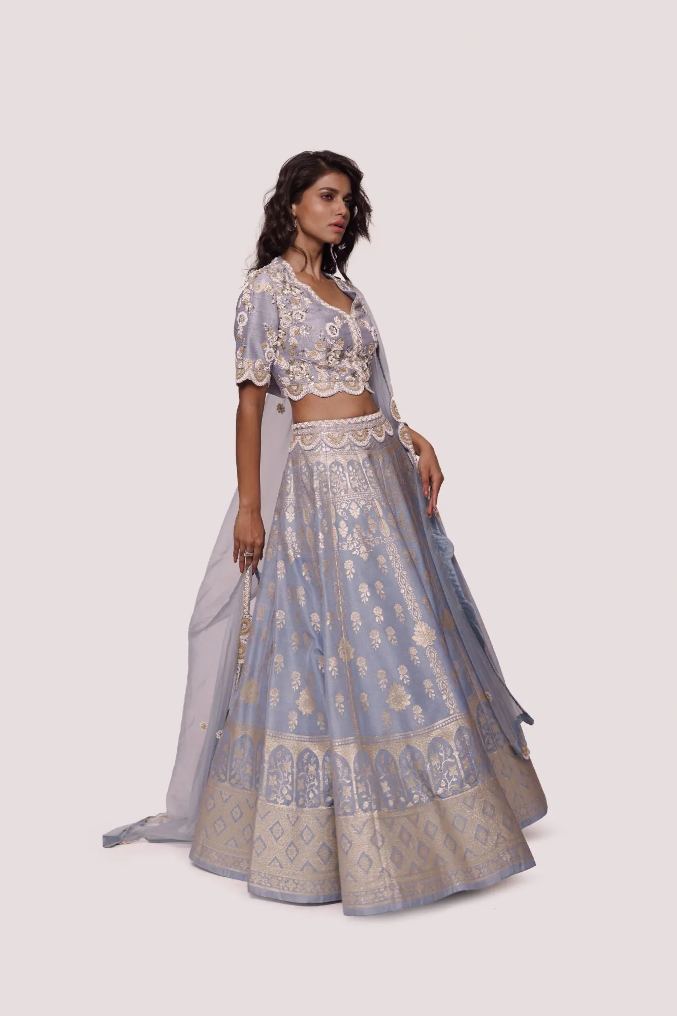 30Z341-RO Powder Blue Hand Embroidered Silk Lehenga with Dupatta