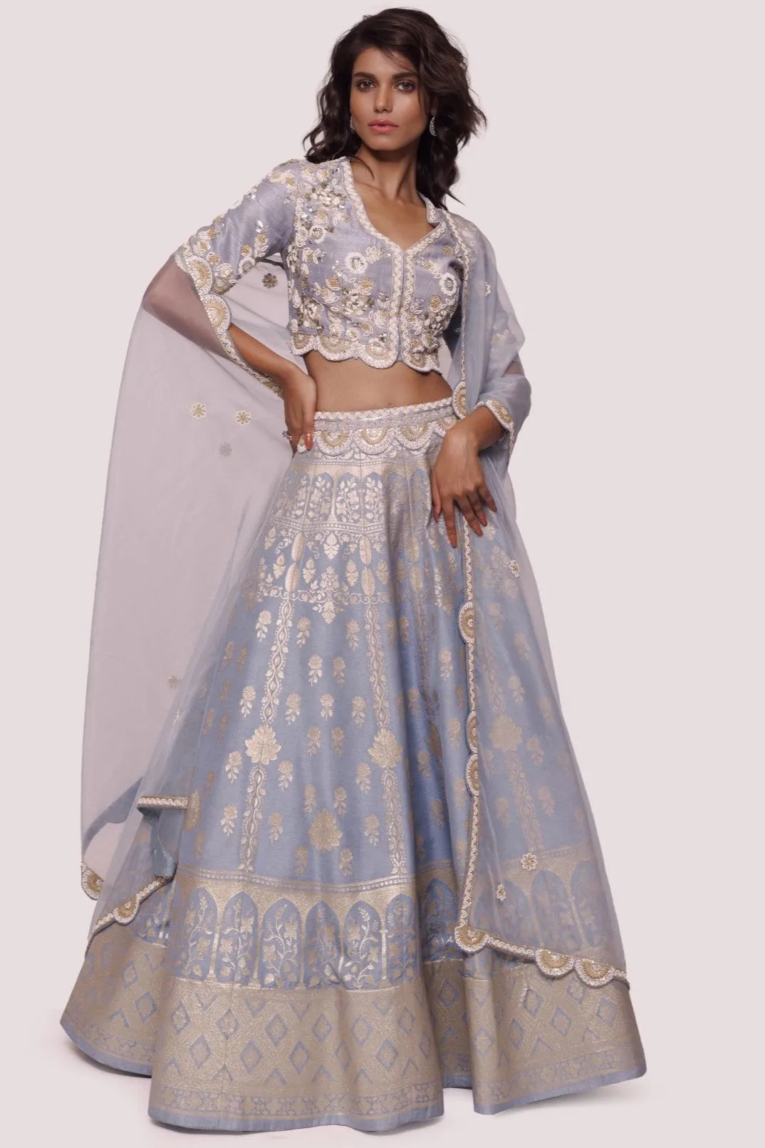 30Z341-RO Powder Blue Hand Embroidered Silk Lehenga with Dupatta