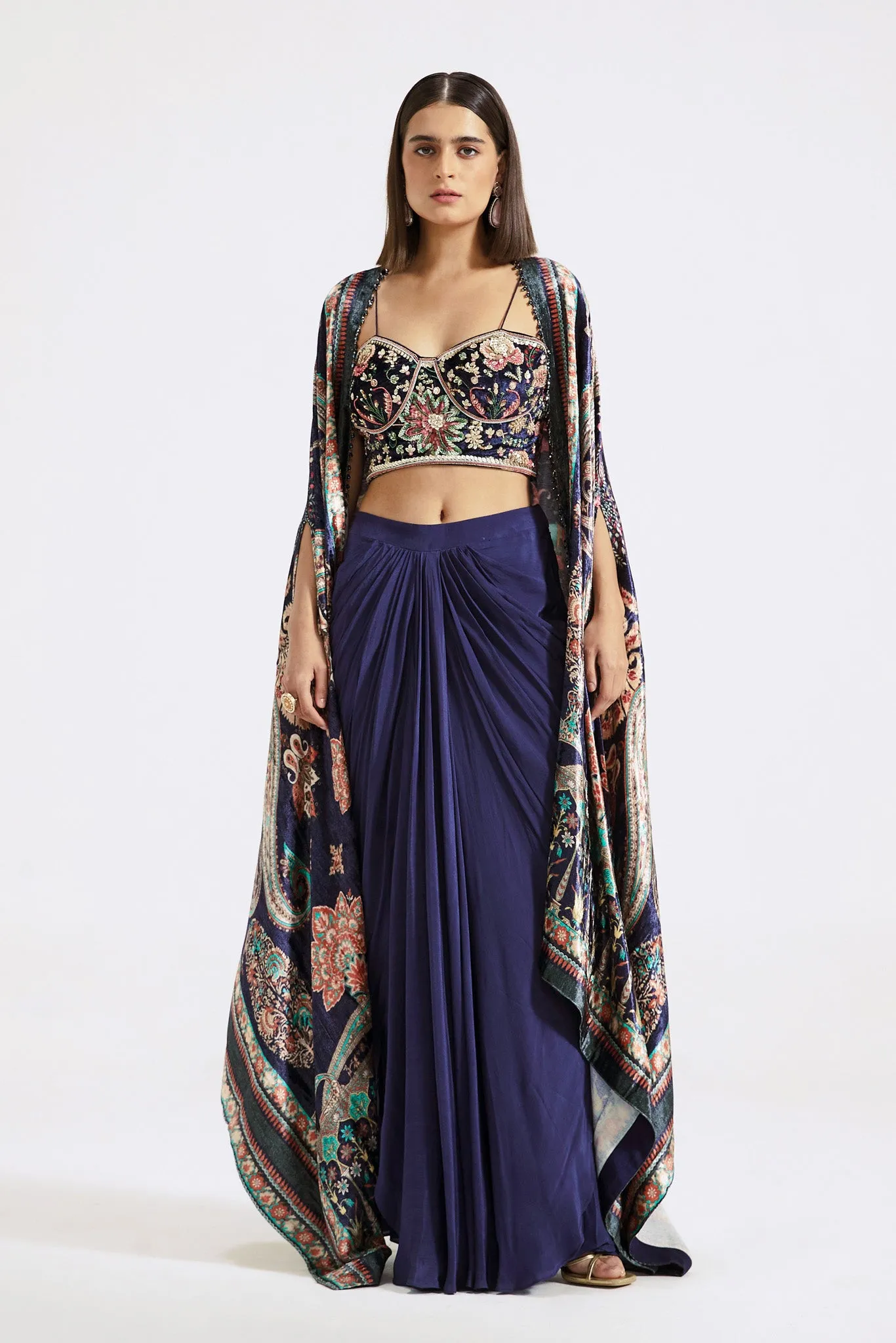 30Z362-RO Blue Velvet and Crepe Draped Skirt Set with Printed Cape