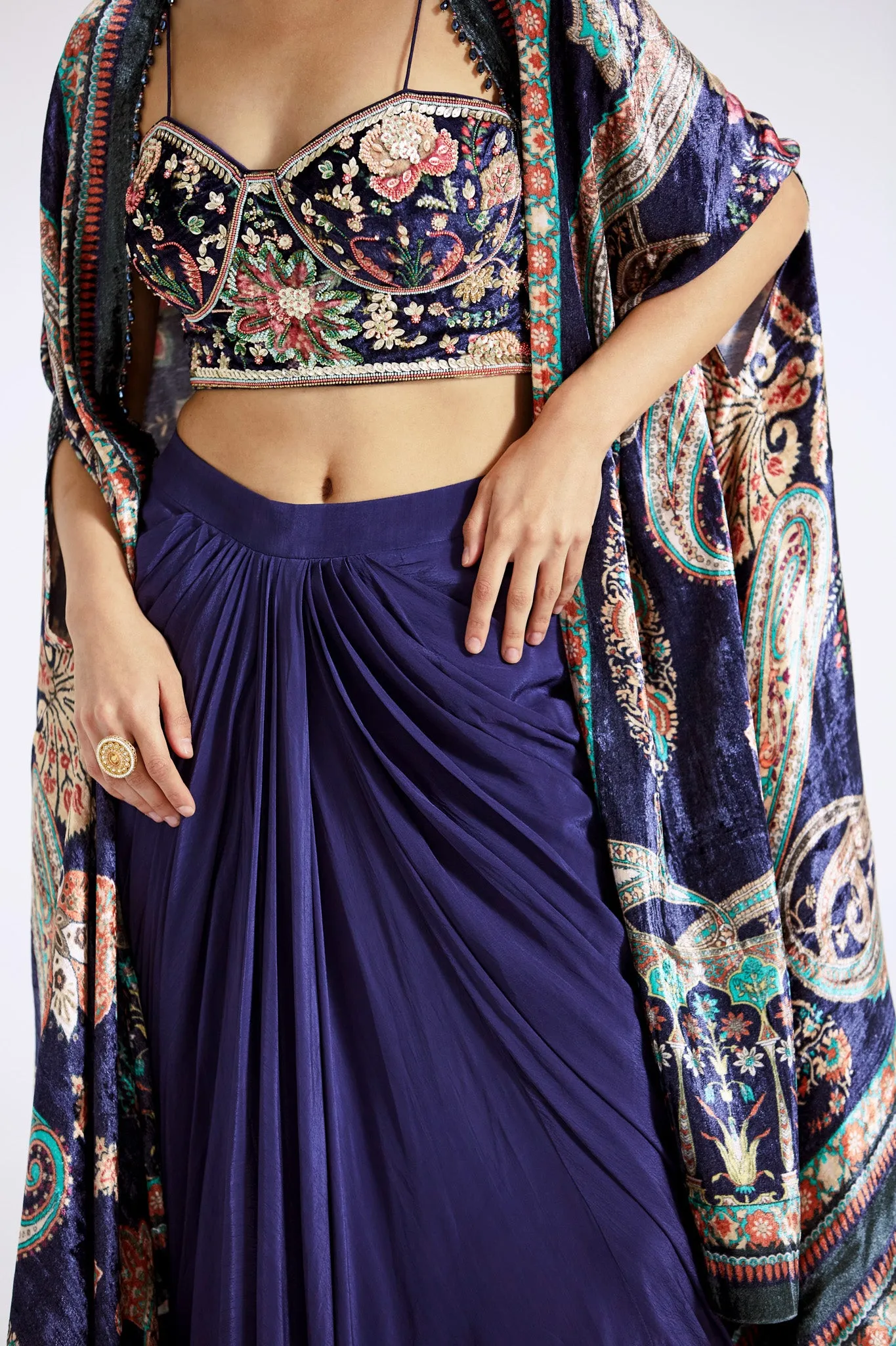 30Z362-RO Blue Velvet and Crepe Draped Skirt Set with Printed Cape