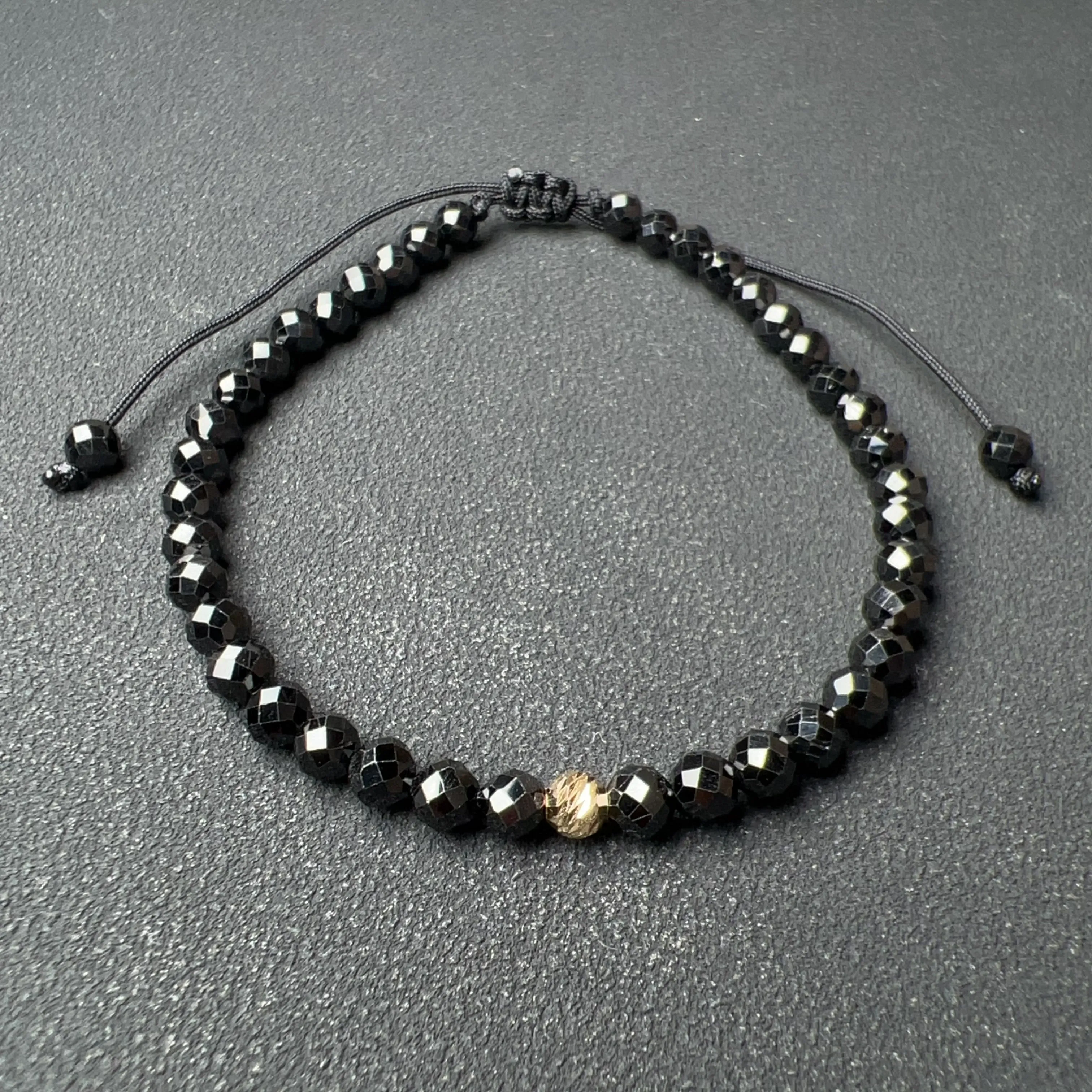 4mm Top Grade Faceted Black Tourmaline Drawstring Bracelet with 18K Yellow Gold Bead | Handmade Healing Fashion Jewelry