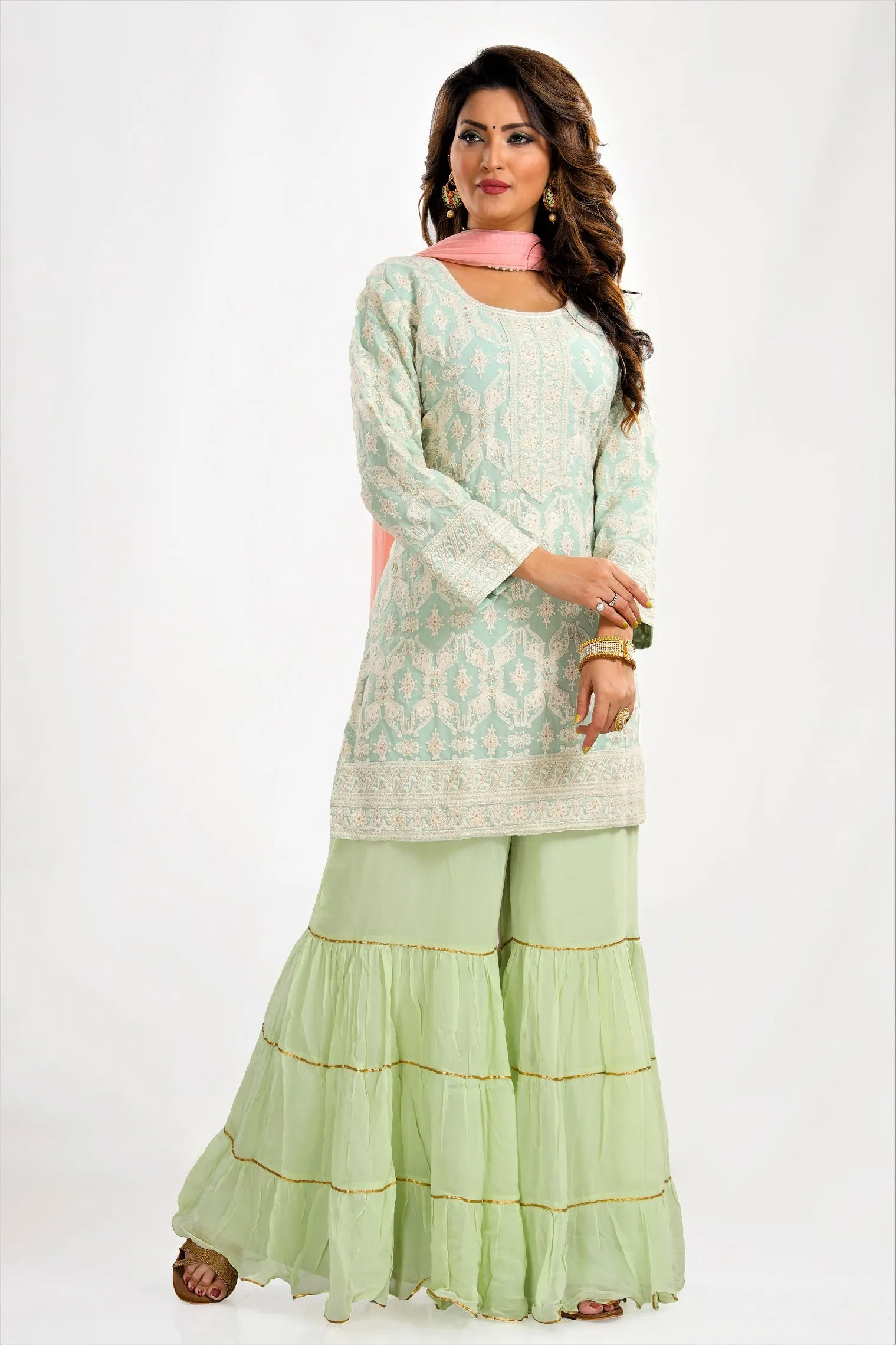 50Y058-RO Light Blue and Green Viscose Lucknowi Sharara Suit with Pink Dupatta