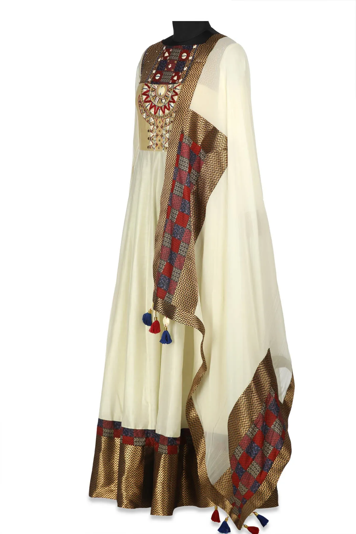 50Z164-RO Off White Zari Border Chanderi Anarkali with Dupatta