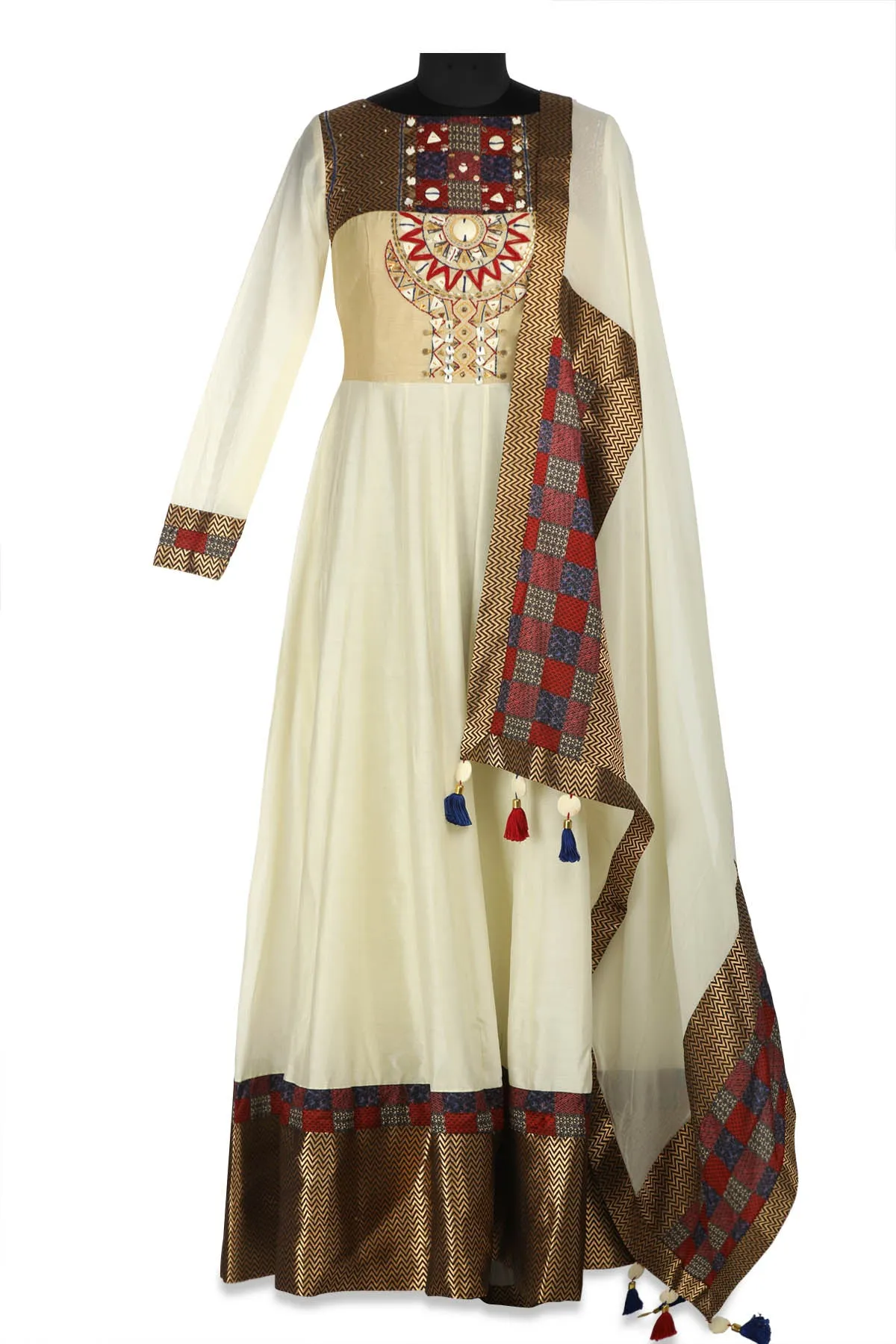 50Z164-RO Off White Zari Border Chanderi Anarkali with Dupatta