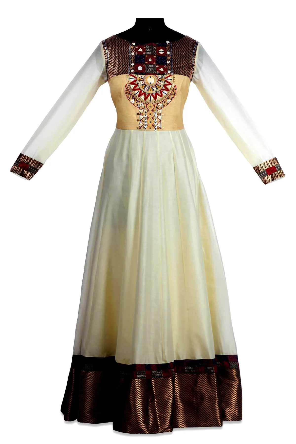 50Z164-RO Off White Zari Border Chanderi Anarkali with Dupatta