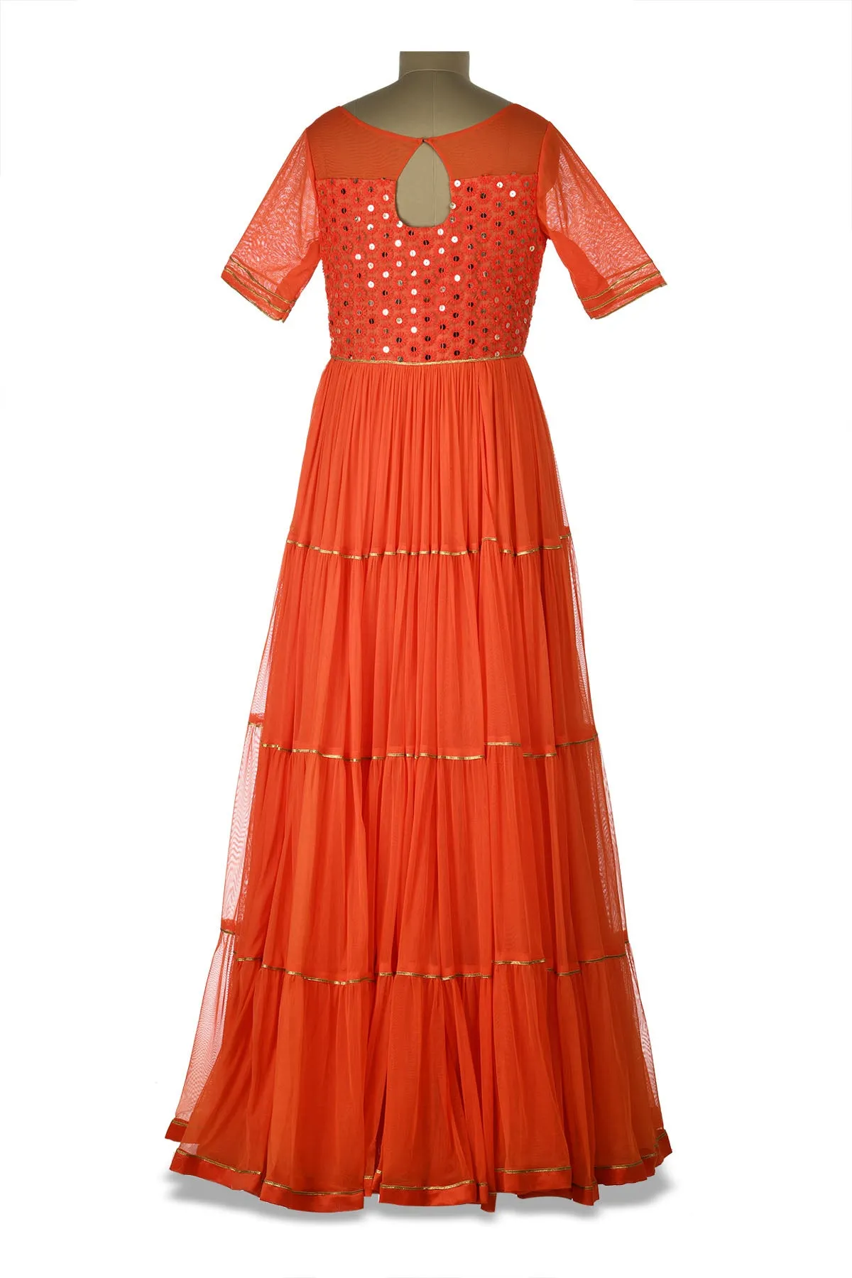 50Z183-RO Orange Embroidered Net Tiered Anarkali Gown