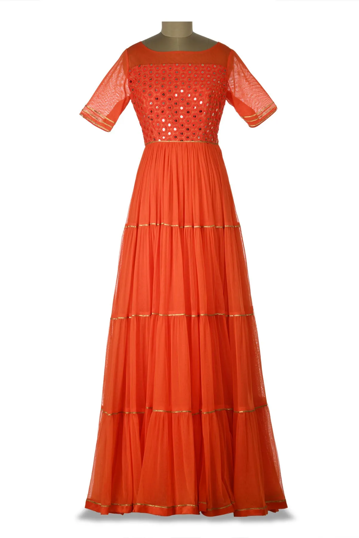 50Z183-RO Orange Embroidered Net Tiered Anarkali Gown