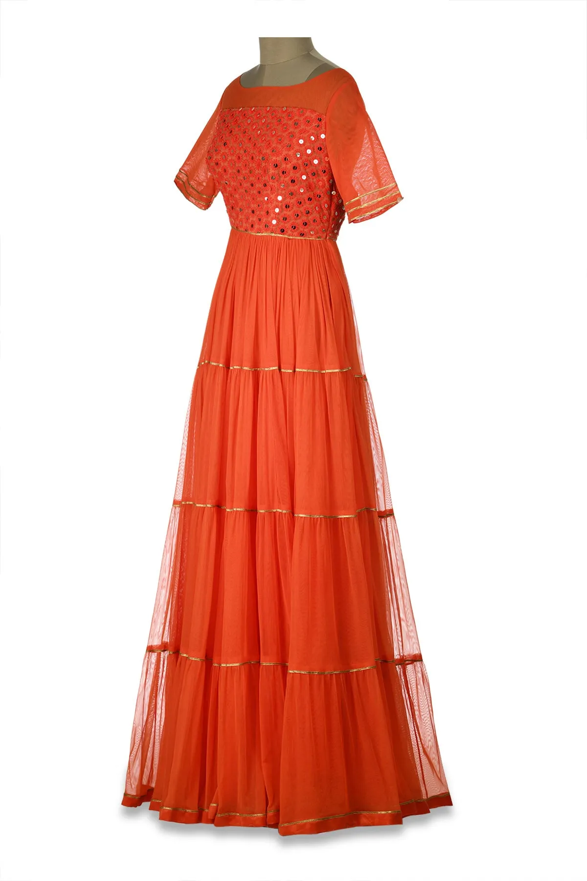 50Z183-RO Orange Embroidered Net Tiered Anarkali Gown