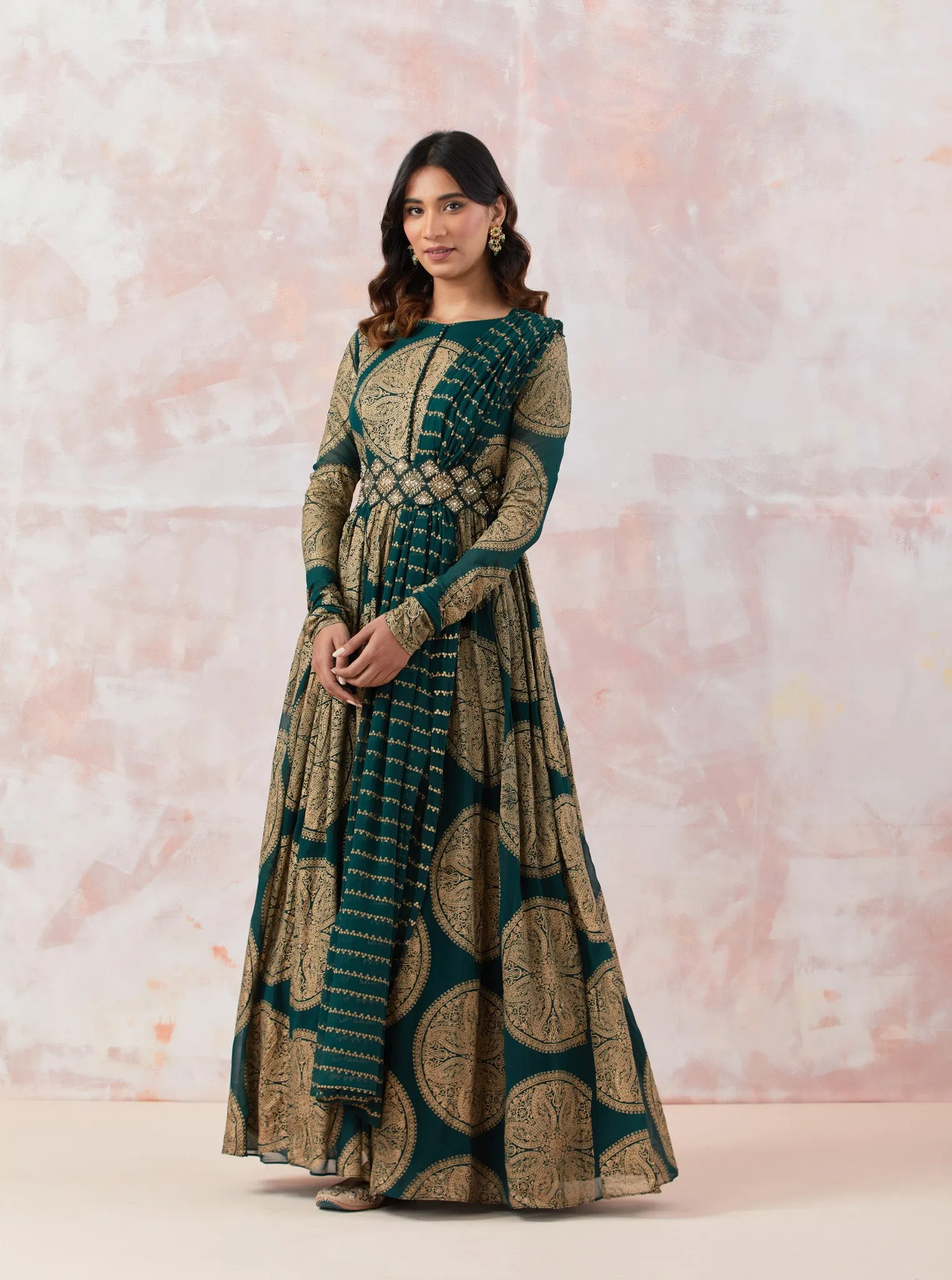 50Z884-NRO Green Embroidered Anarkali Set with Belt