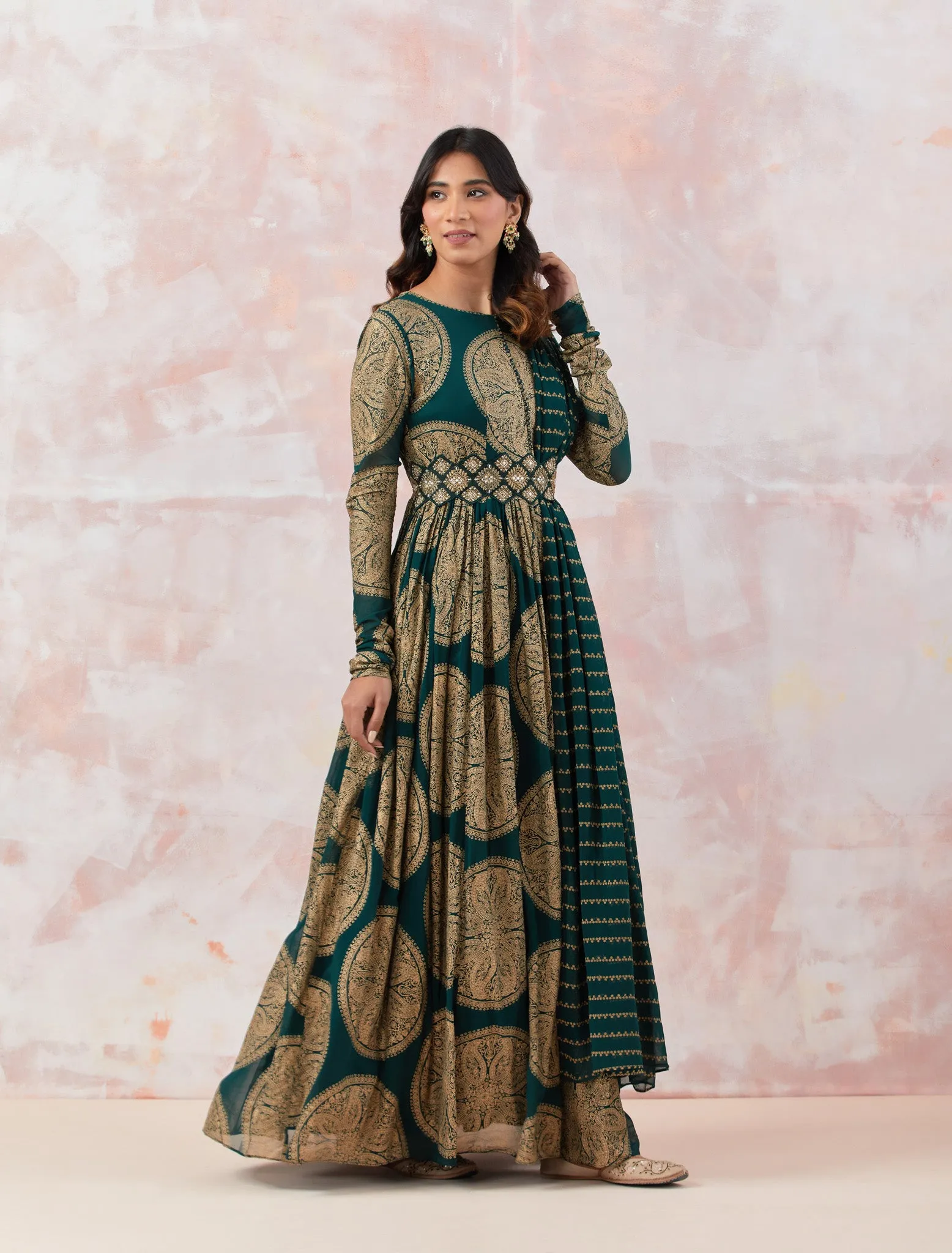 50Z884-NRO Green Embroidered Anarkali Set with Belt