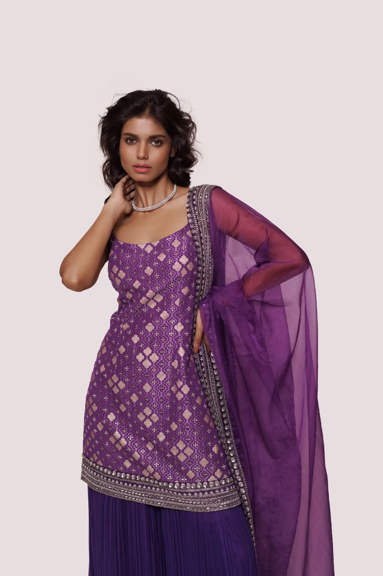 50Z905-RO Purple Brocade Suit Set With Sharara