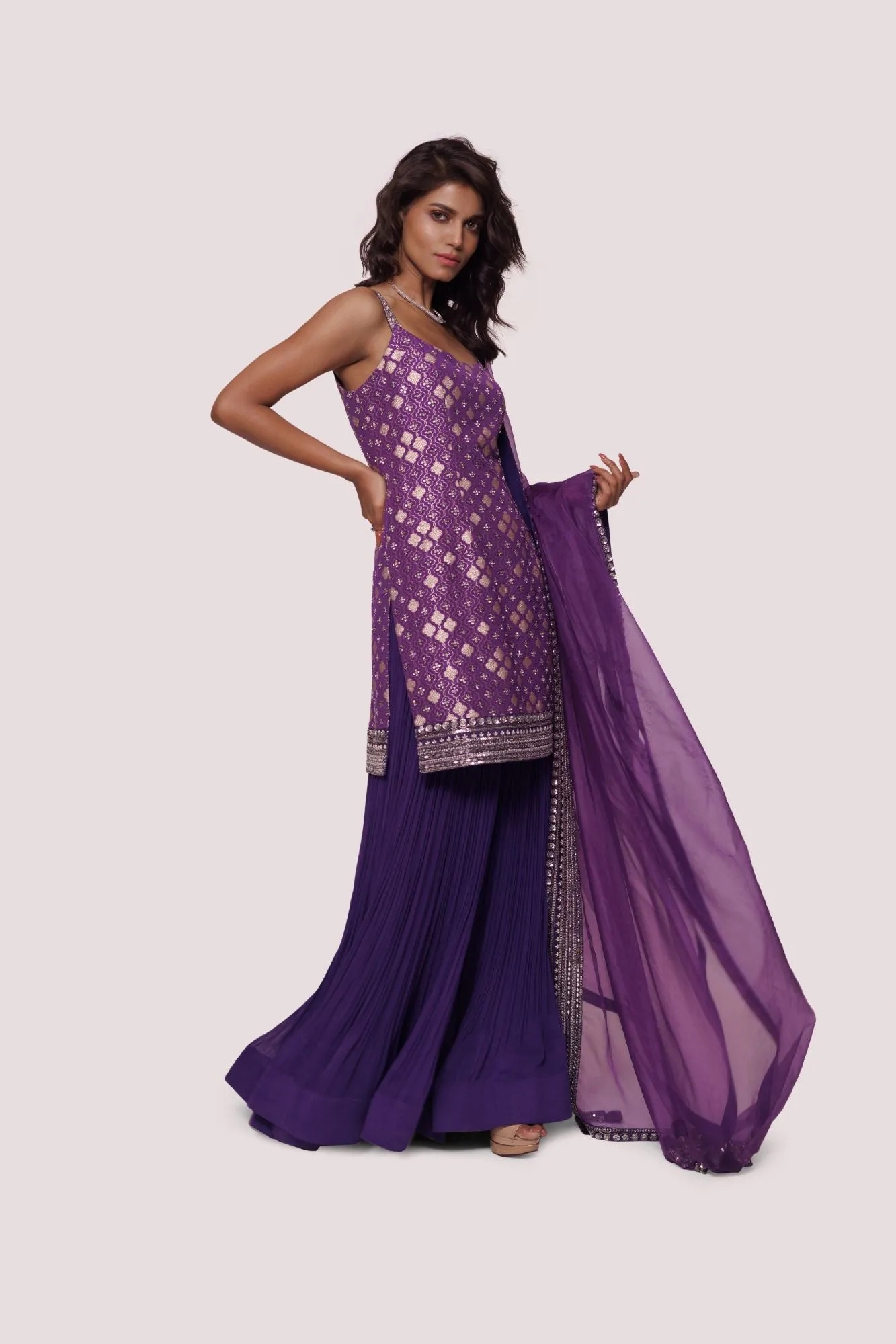 50Z905-RO Purple Brocade Suit Set With Sharara