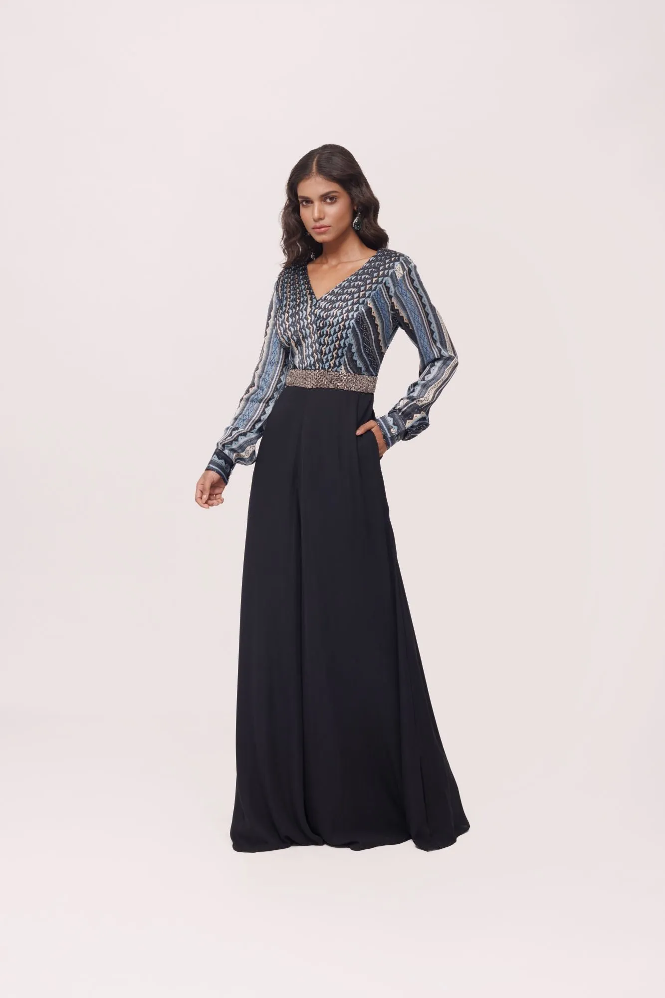 50Z984-RO Blue Black Satin and Georgette Indowestern Dress