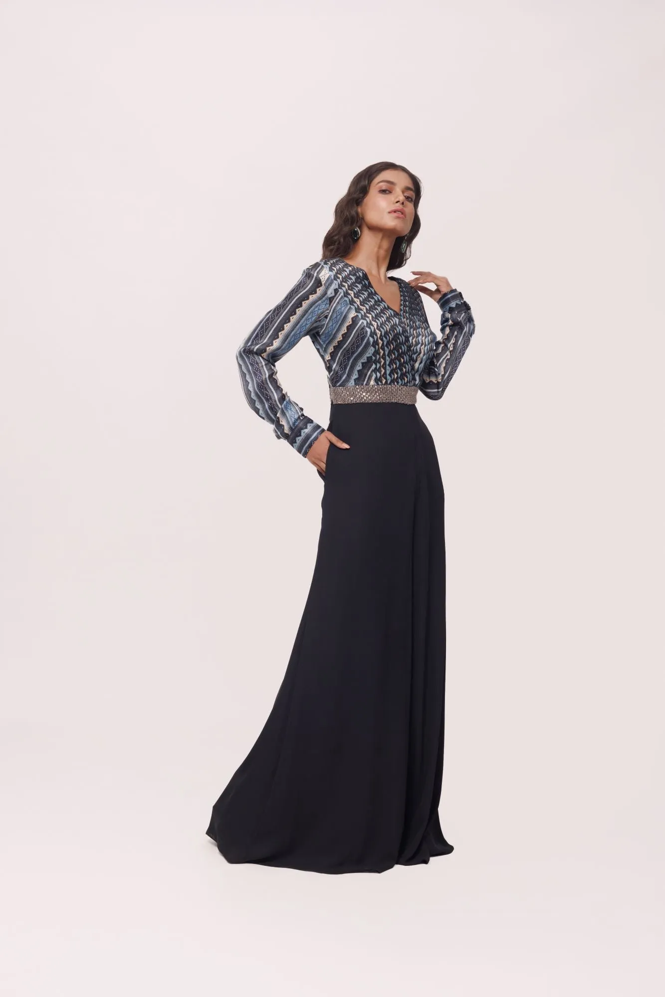 50Z984-RO Blue Black Satin and Georgette Indowestern Dress