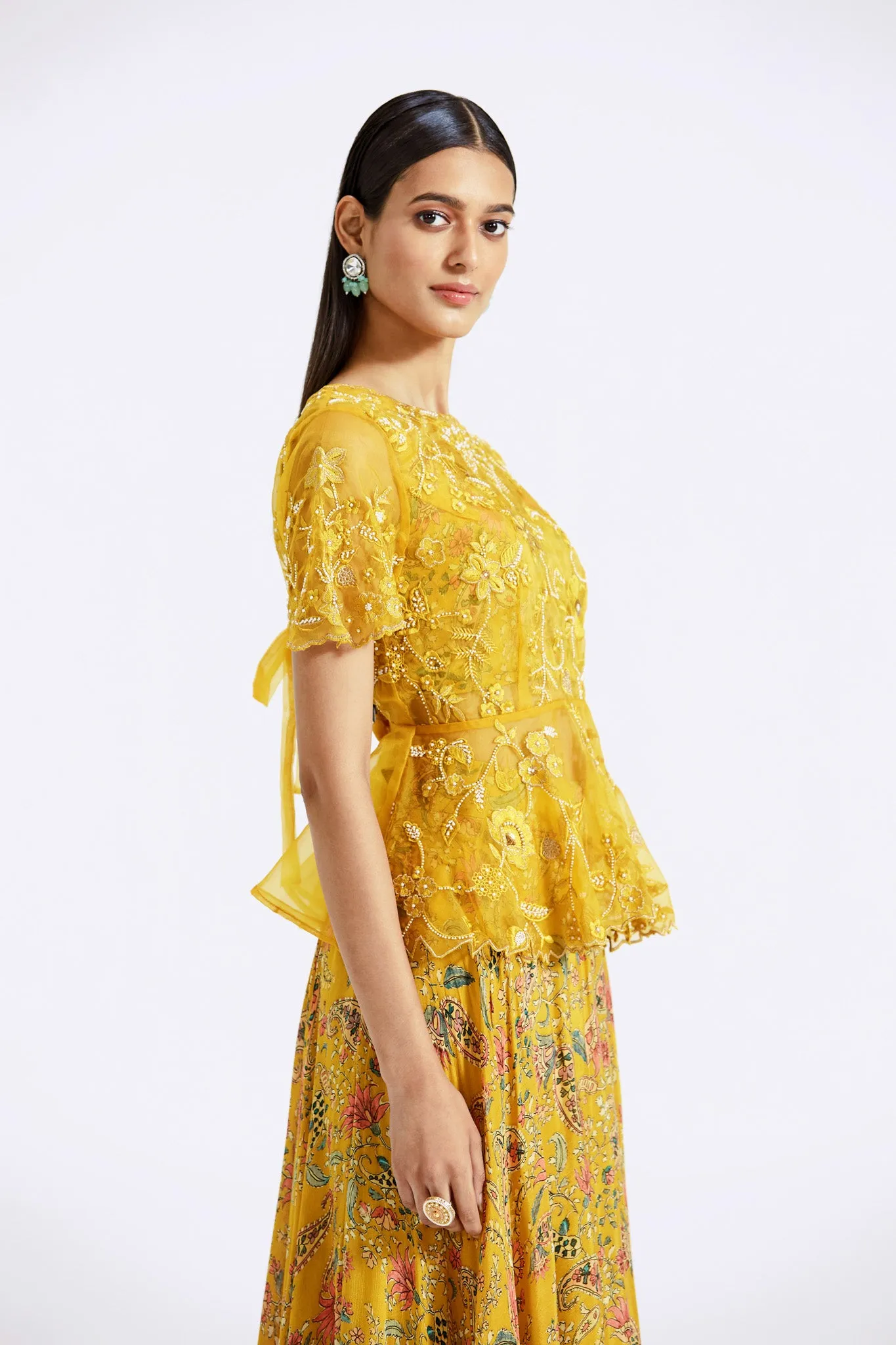 51Z012-RO Mustard Printed and Embroidered Chinon Organza Skirt Set