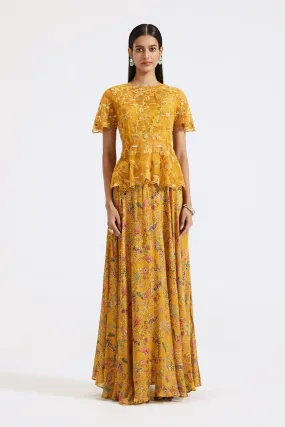 51Z012-RO Mustard Printed and Embroidered Chinon Organza Skirt Set