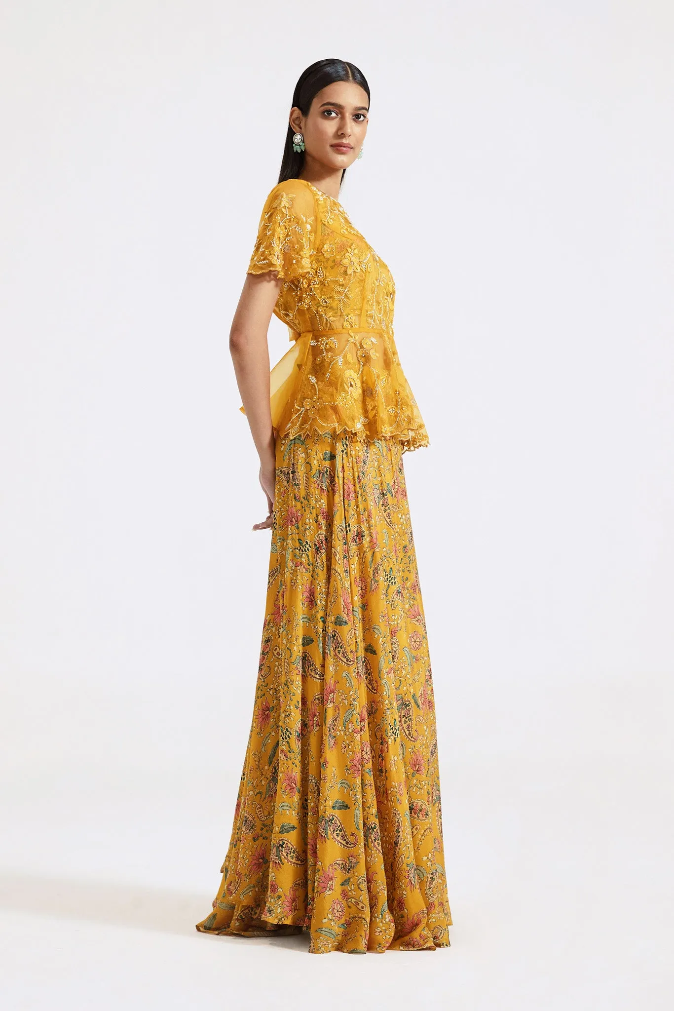 51Z012-RO Mustard Printed and Embroidered Chinon Organza Skirt Set