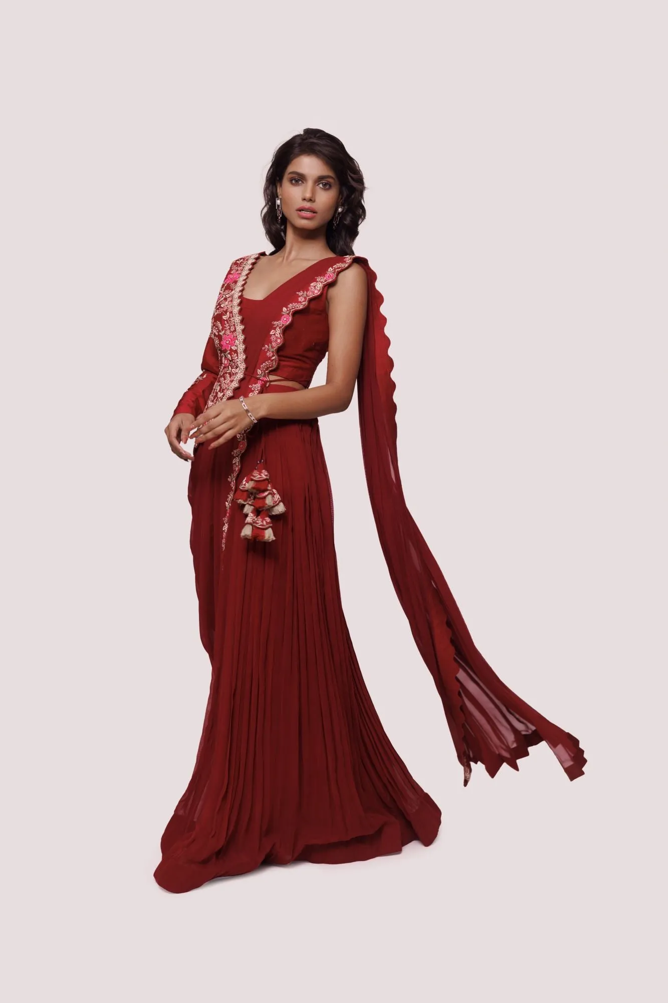 90Y015-RO Dark Red Drape Saree with Embroidered Half Jacket