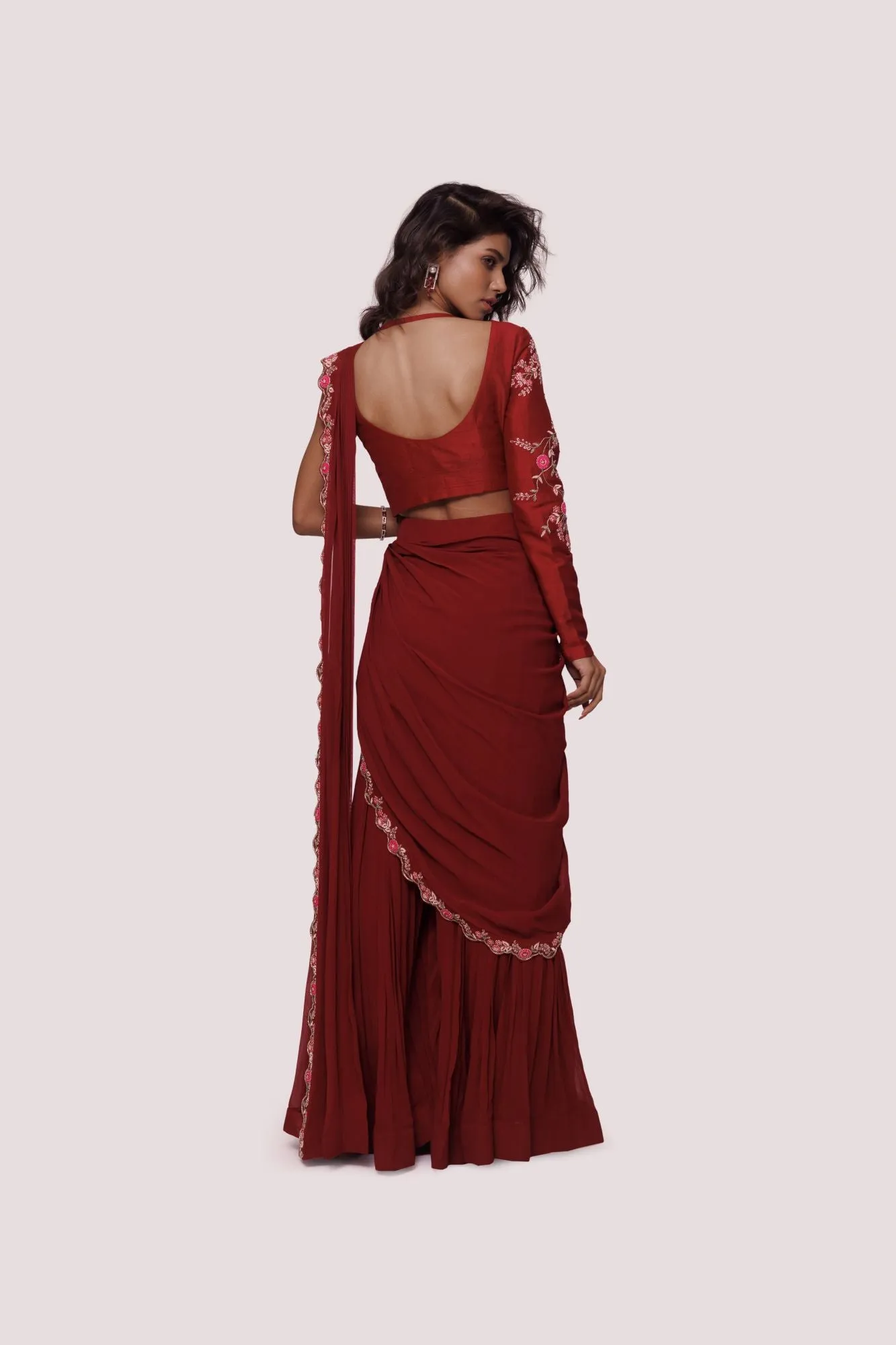 90Y015-RO Dark Red Drape Saree with Embroidered Half Jacket