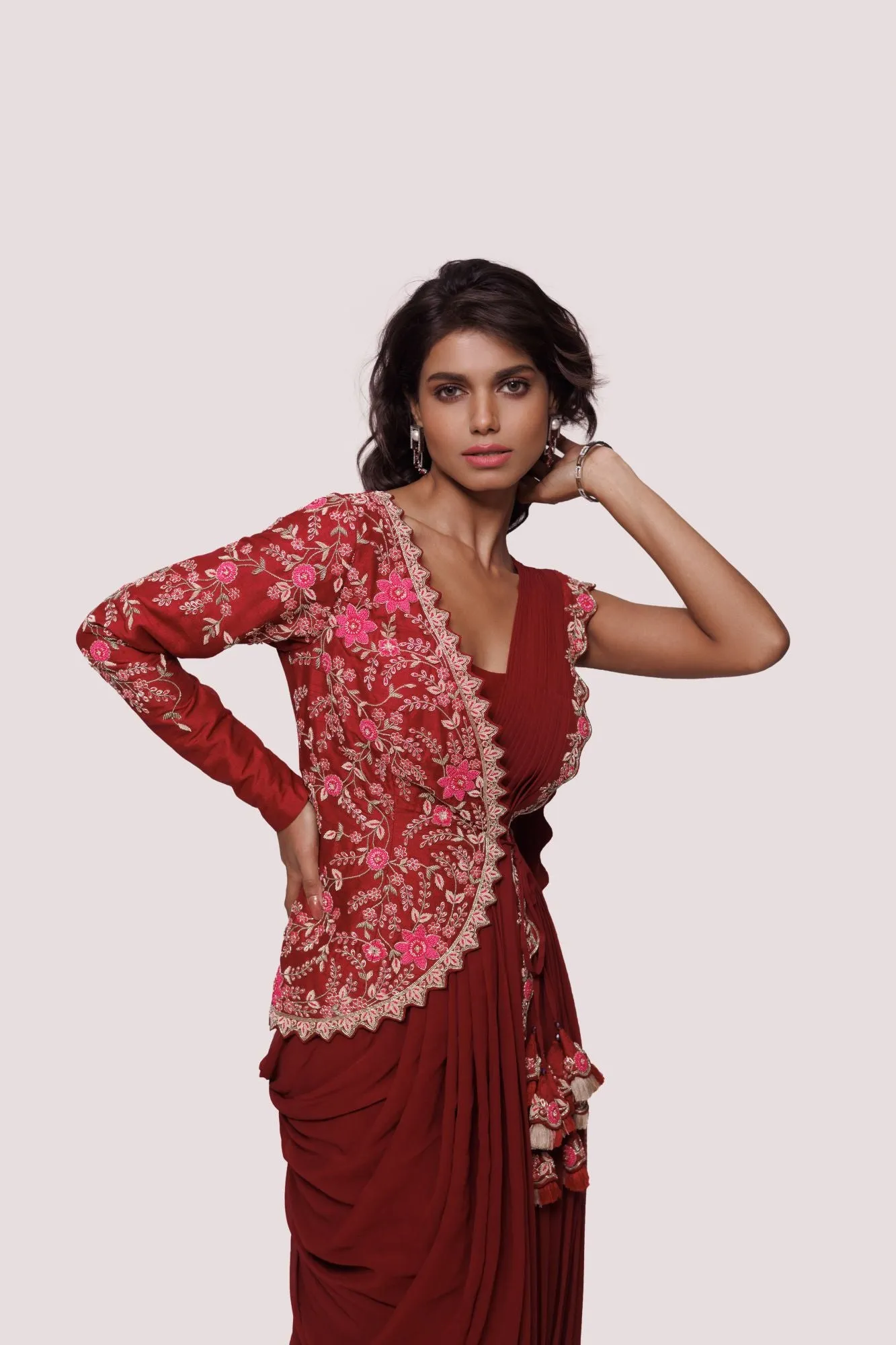 90Y015-RO Dark Red Drape Saree with Embroidered Half Jacket