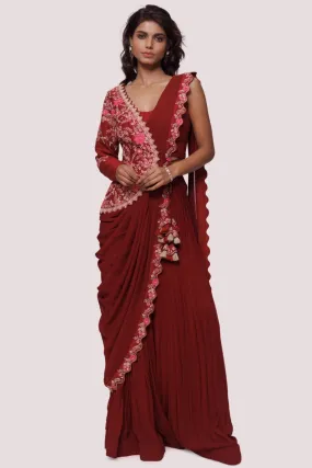 90Y015-RO Dark Red Drape Saree with Embroidered Half Jacket