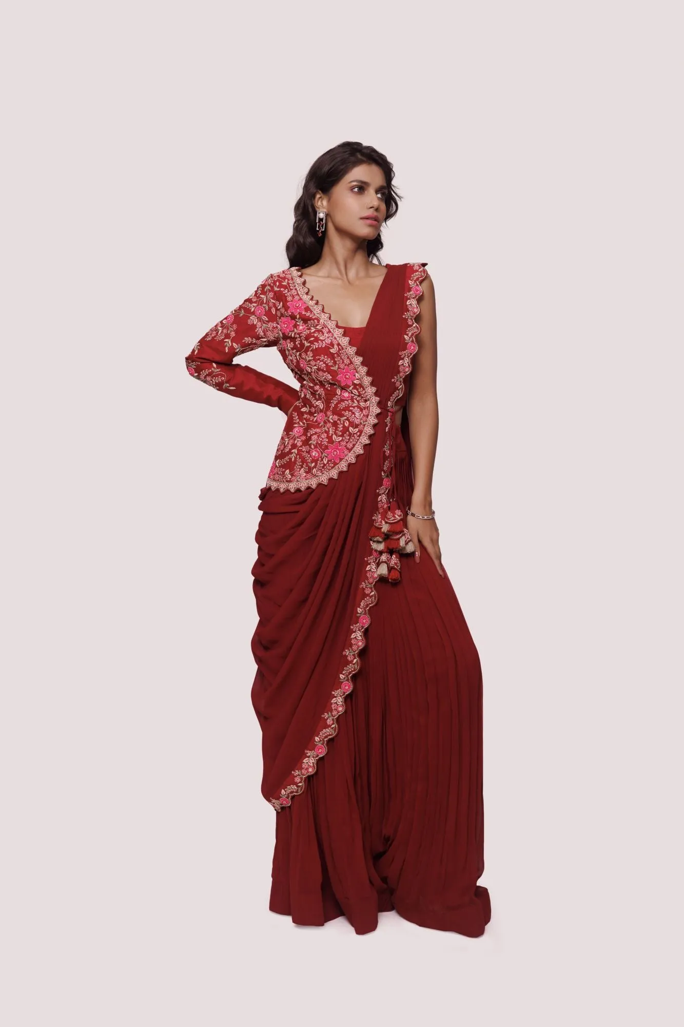 90Y015-RO Dark Red Drape Saree with Embroidered Half Jacket