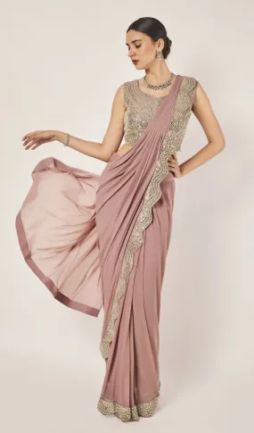 90Z898-RO Peach Georgette Drape Saree Set