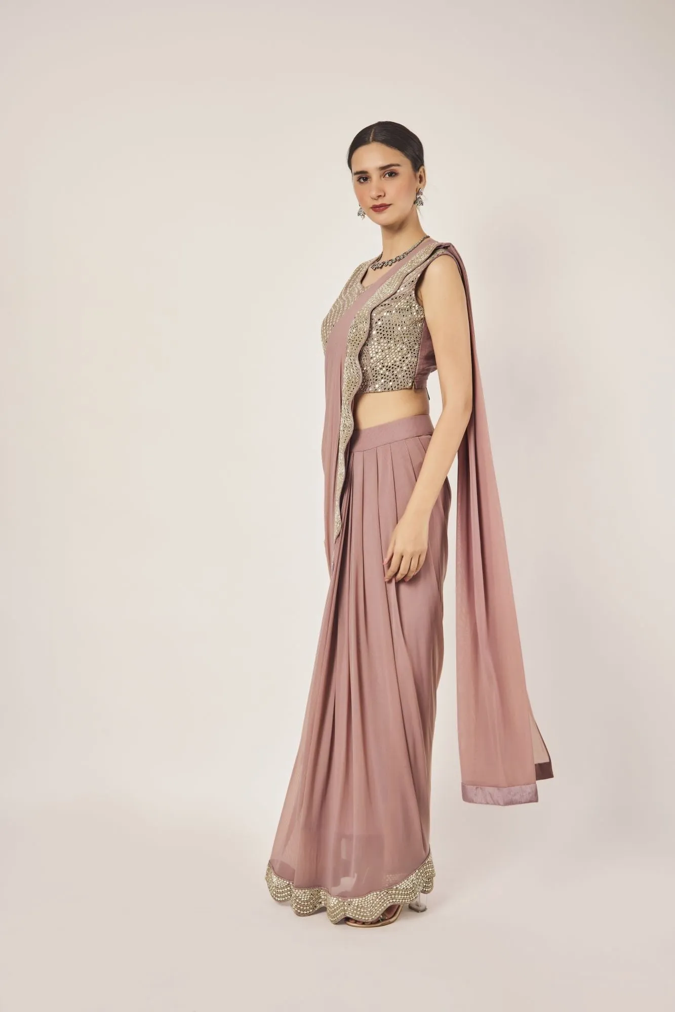 90Z898-RO Peach Georgette Drape Saree Set