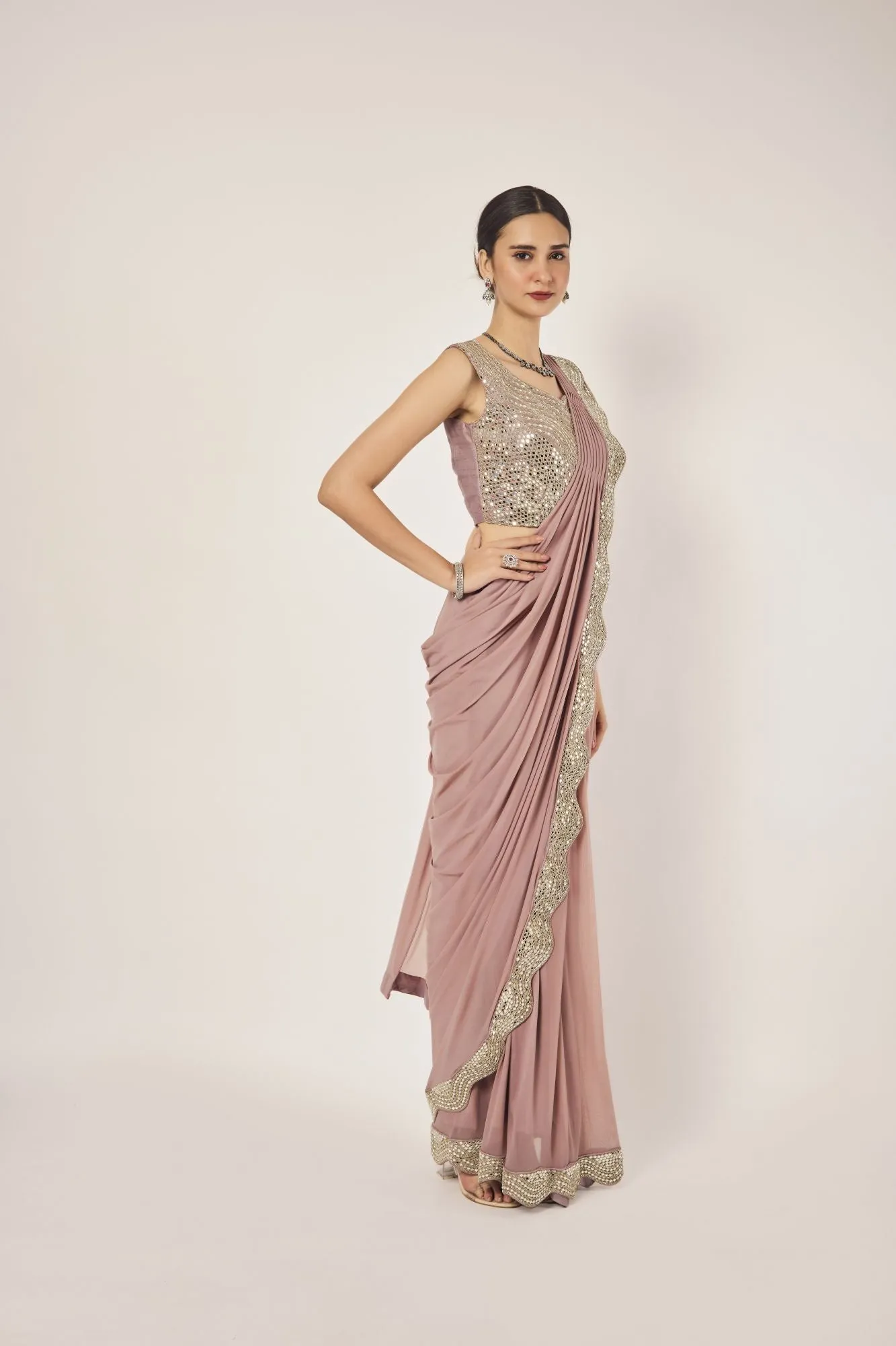 90Z898-RO Peach Georgette Drape Saree Set