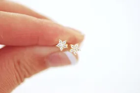 925 Sterling Silver or 18k Gold Flower Star Stud Earrings -  Dainty Tiny Small Gold Silver Cubic Zirconia Pave Flower Star Stud Earrings