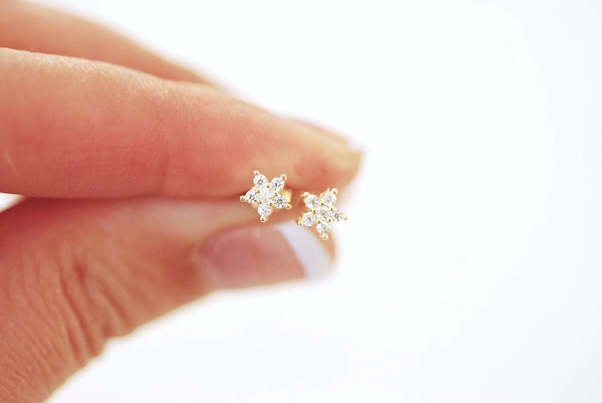 925 Sterling Silver or 18k Gold Flower Star Stud Earrings -  Dainty Tiny Small Gold Silver Cubic Zirconia Pave Flower Star Stud Earrings