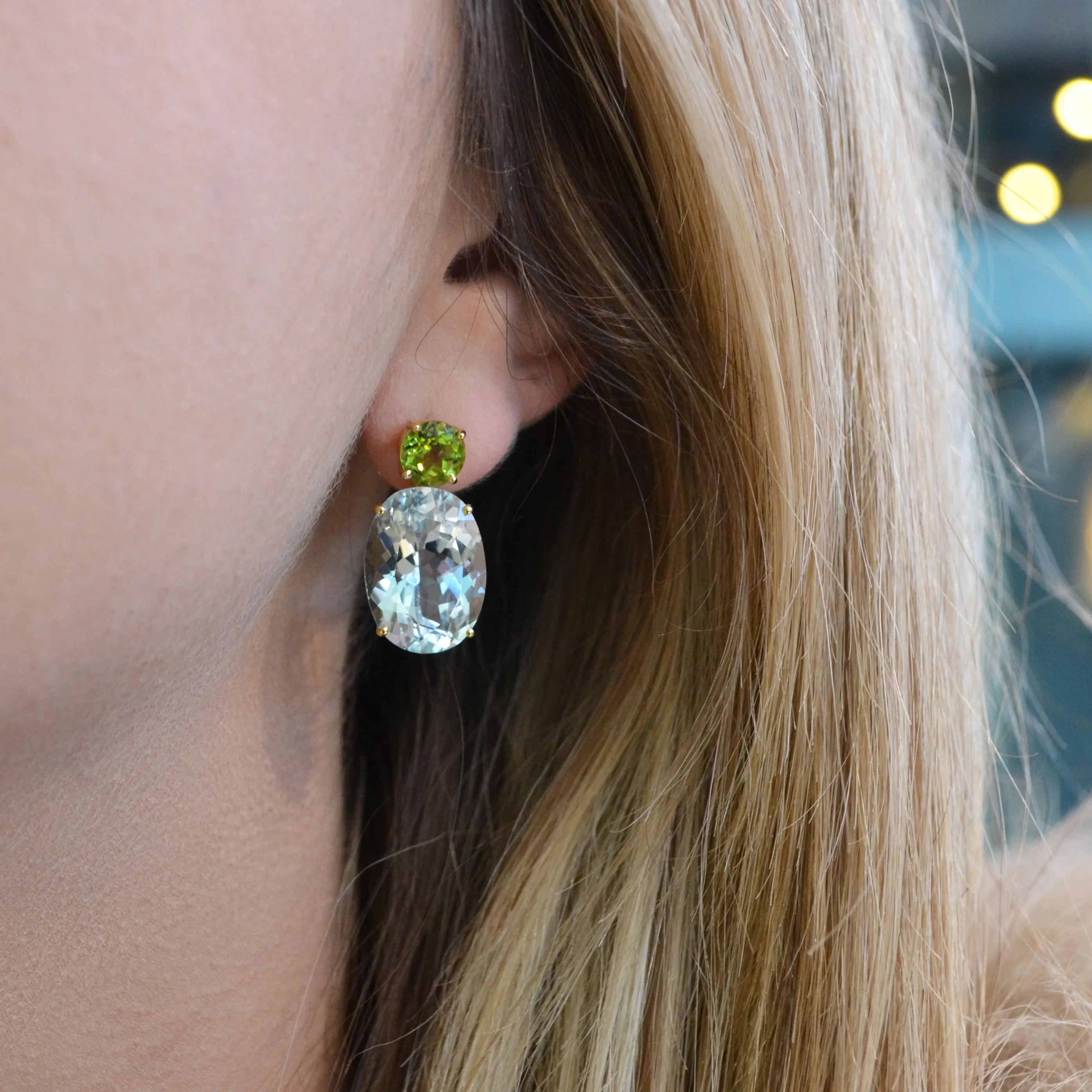 A & Furst - Party - Drop Earrings with Peridot and Sky Blue Topaz, 18k Yellow Gold