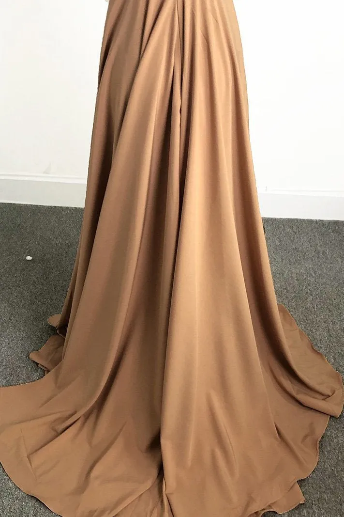 A Line Burgundy V Neck Ruffles Slit Bridesmaid Dresses Long Cheap Prom Dresses