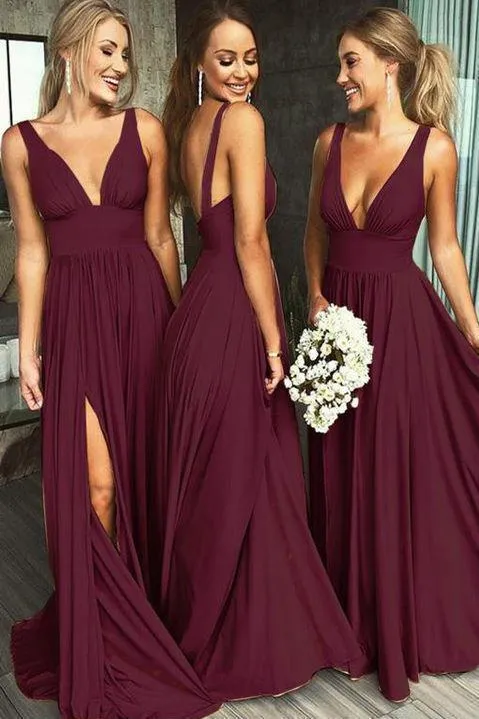 A Line Burgundy V Neck Ruffles Slit Bridesmaid Dresses Long Cheap Prom Dresses