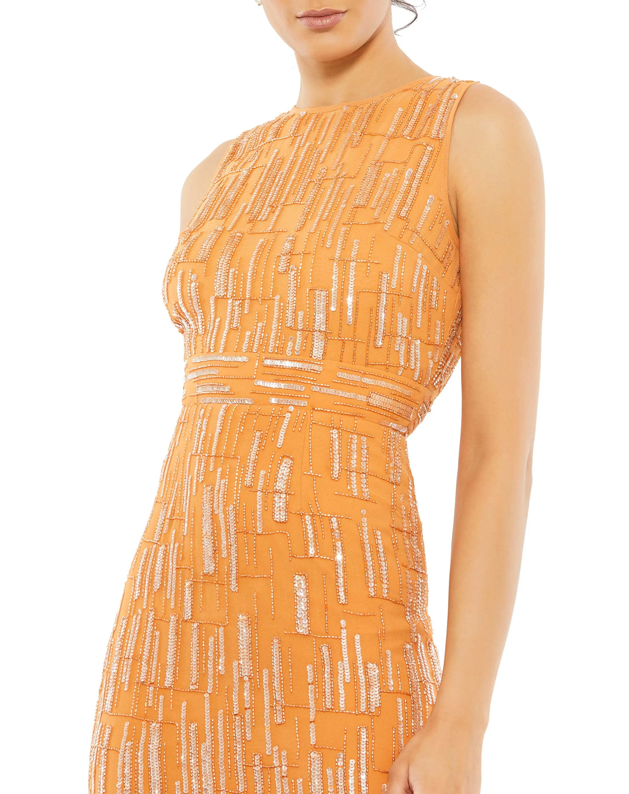 Abstract Beaded Sleeveless Midi Sheath Dress