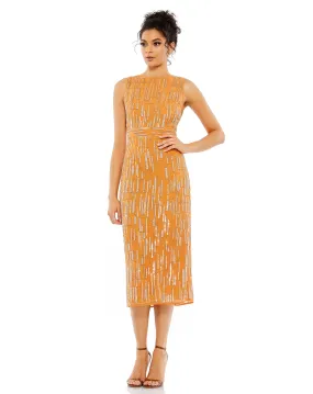 Abstract Beaded Sleeveless Midi Sheath Dress