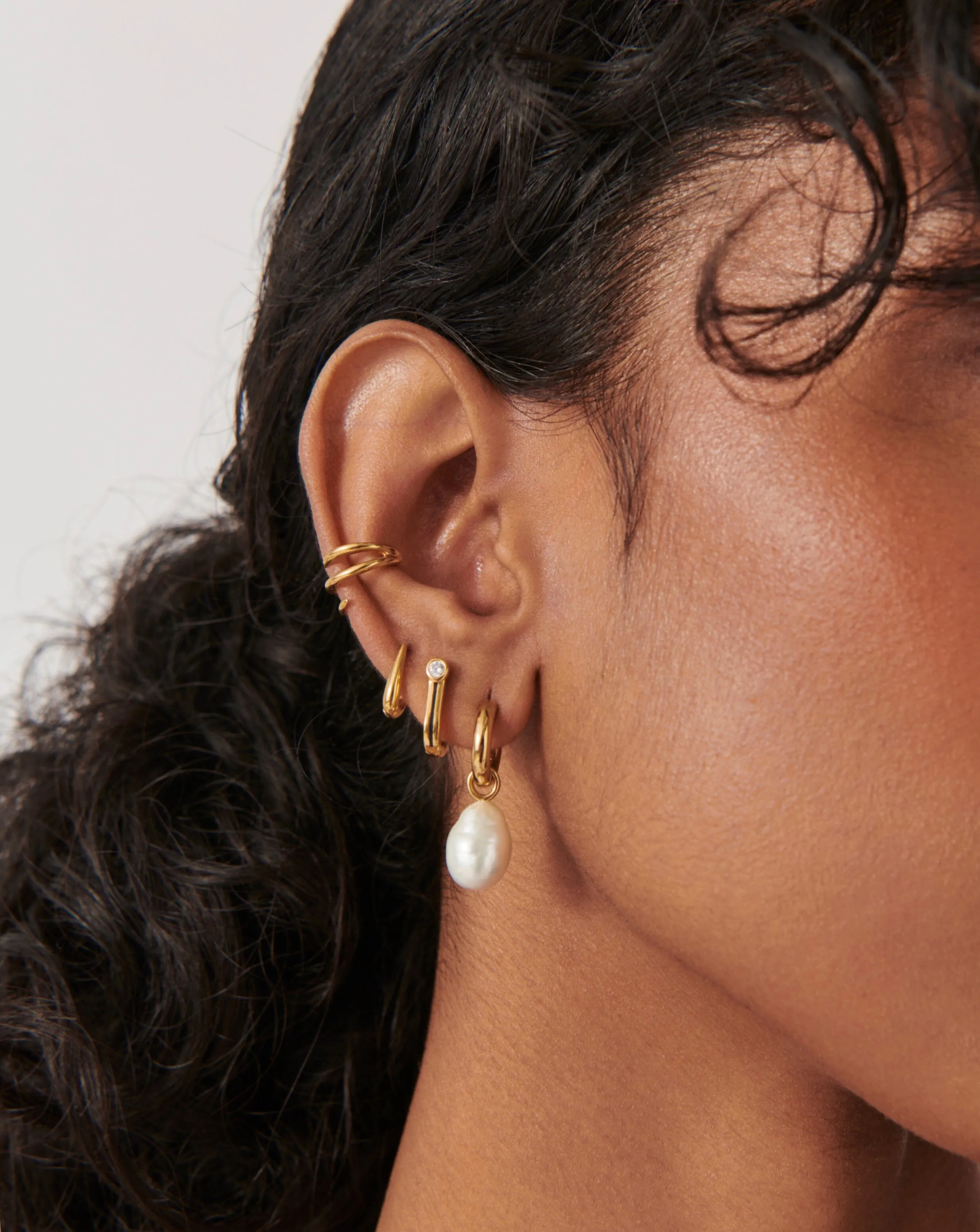 Baroque Pearl Drop Tunnel Mini Hoop Earrings | 18ct Gold Plated Vermeil/Pearl